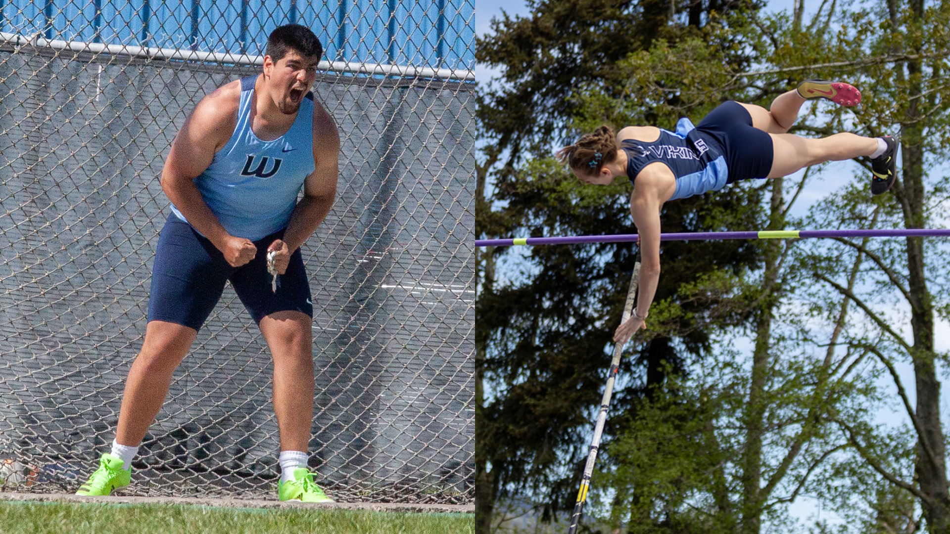 Pictures of a men's hammer thrower celebrating and a pole vaulter going over a bar