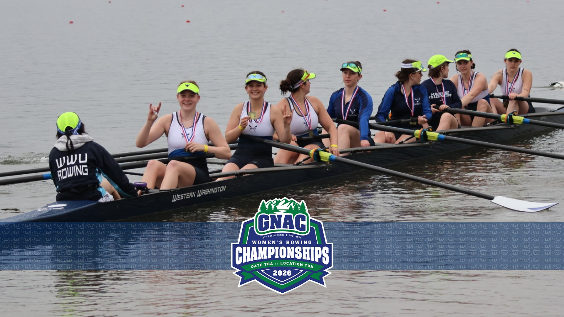 GNAC Rowing Preview | Varsity Eight with Medals in their Boat