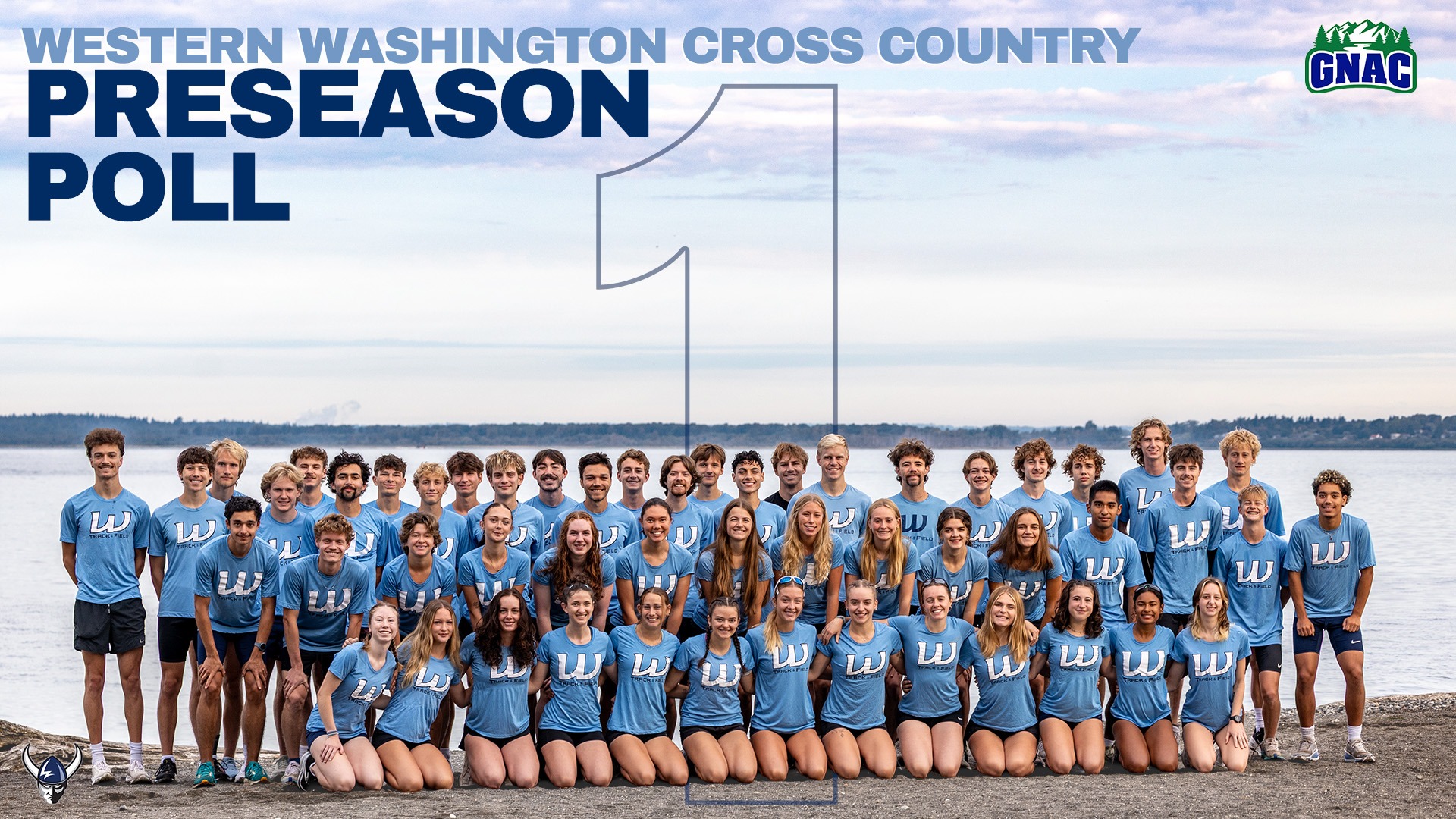 Western Washington University cross country team group photo along the waterfront with a large “#1” graphic and text reading “Western Washington Cross Country Preseason Poll,” indicating the Vikings were selected first in the GNAC preseason coaches poll.