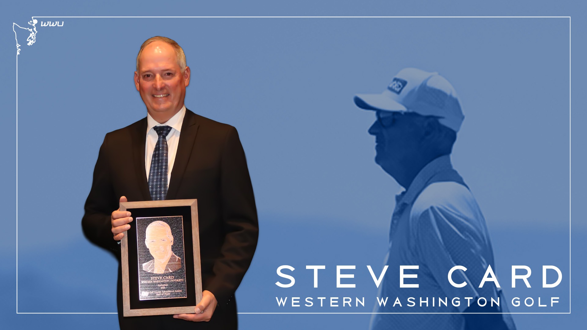 Individual holding a framed recognition plaque in a Western Washington Golf graphic featuring a golfer silhouette and the name Steve Card.