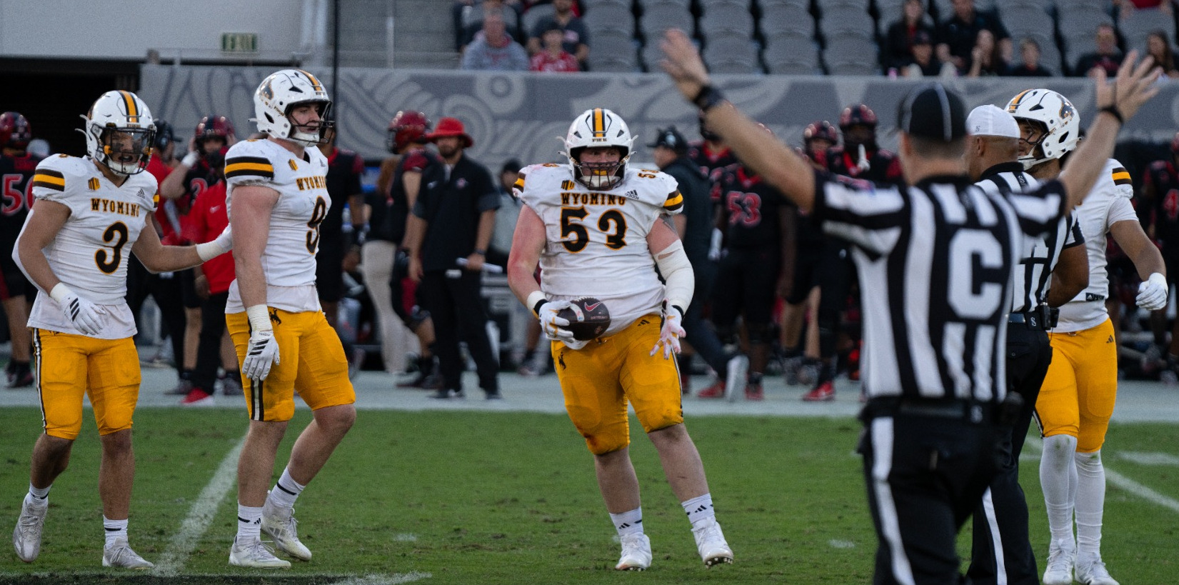 Wyoming defensive tackle Tegen Seeds celebrates his interception at San Diego State.