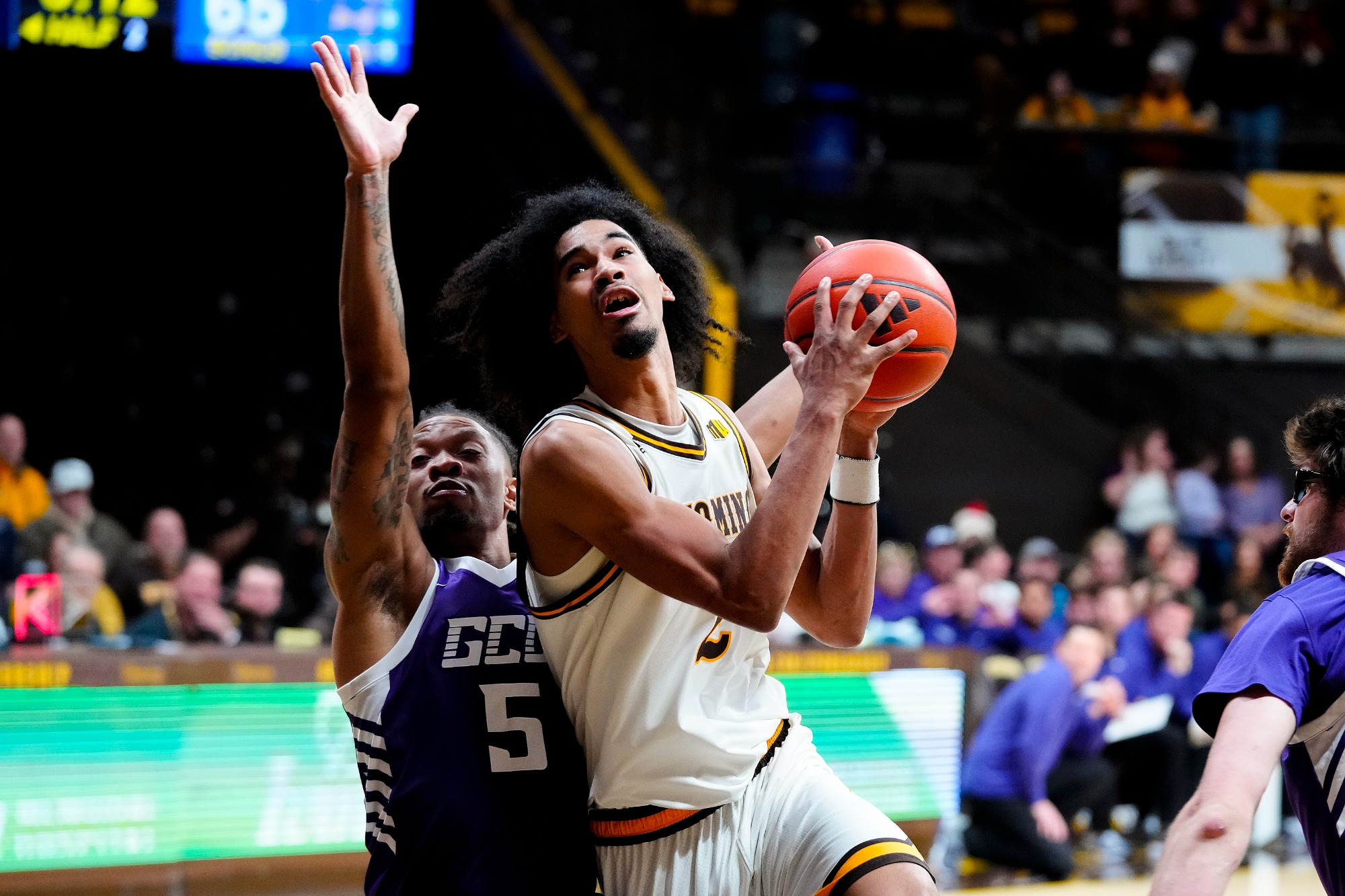Dec 20, 2025; Laramie, WY, USA; Wyoming Cowboys guard Nasir (Naz) Meyer (2) against the Grand Canyon University Lopes at Arena-Auditorium. The Cowboys lost to the Lopes 82-70. Mandatory Credit: Troy Babbitt-UW Media-Athletics