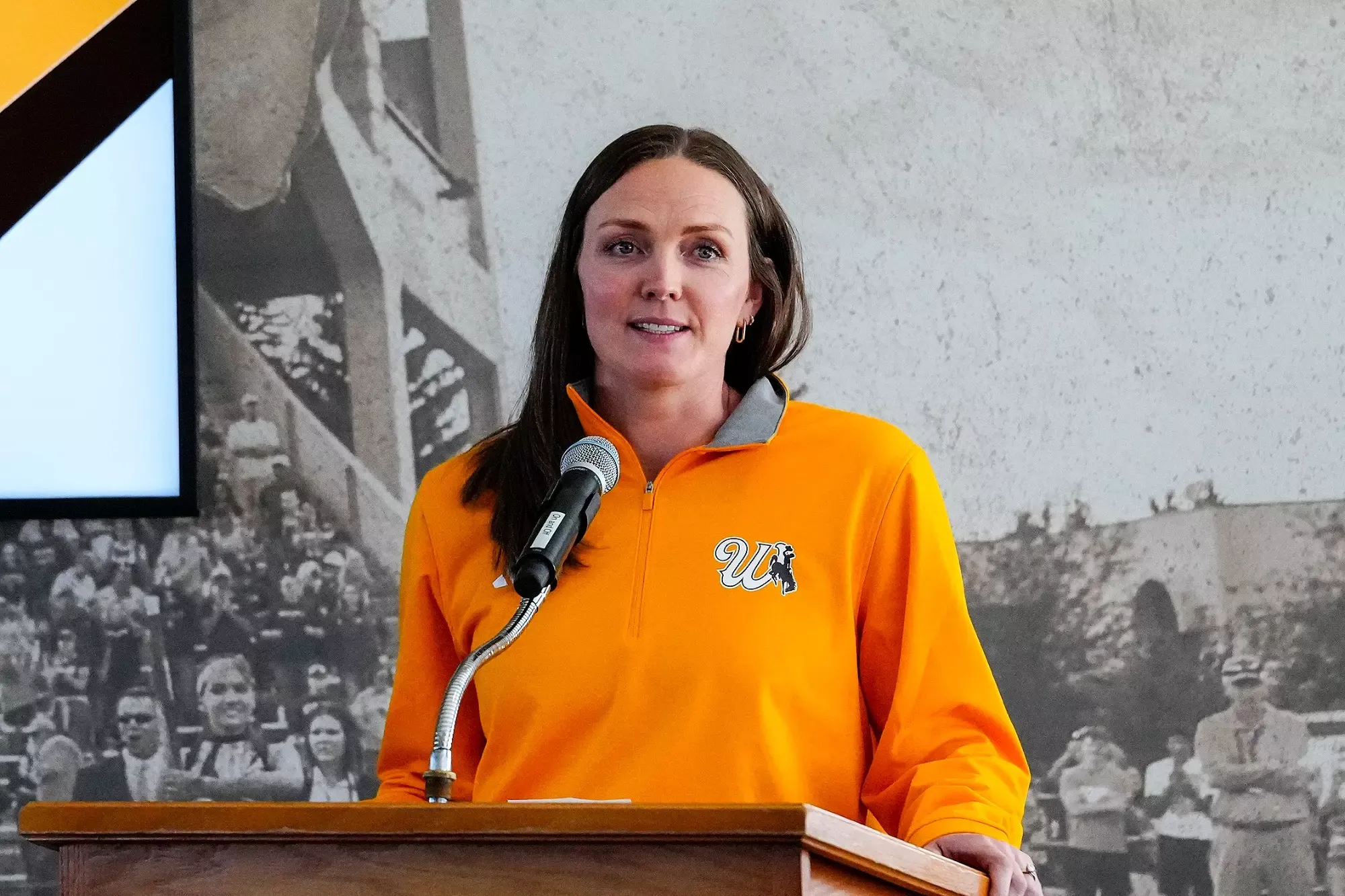 Aug 11, 2025; Laramie, WY, USA; Wyoming Cowboys volleyball head coach Kaylee Prigge at UW media day at War Memorial Stadium. Mandatory Credit: Troy Babbitt-UW Media-Athletics