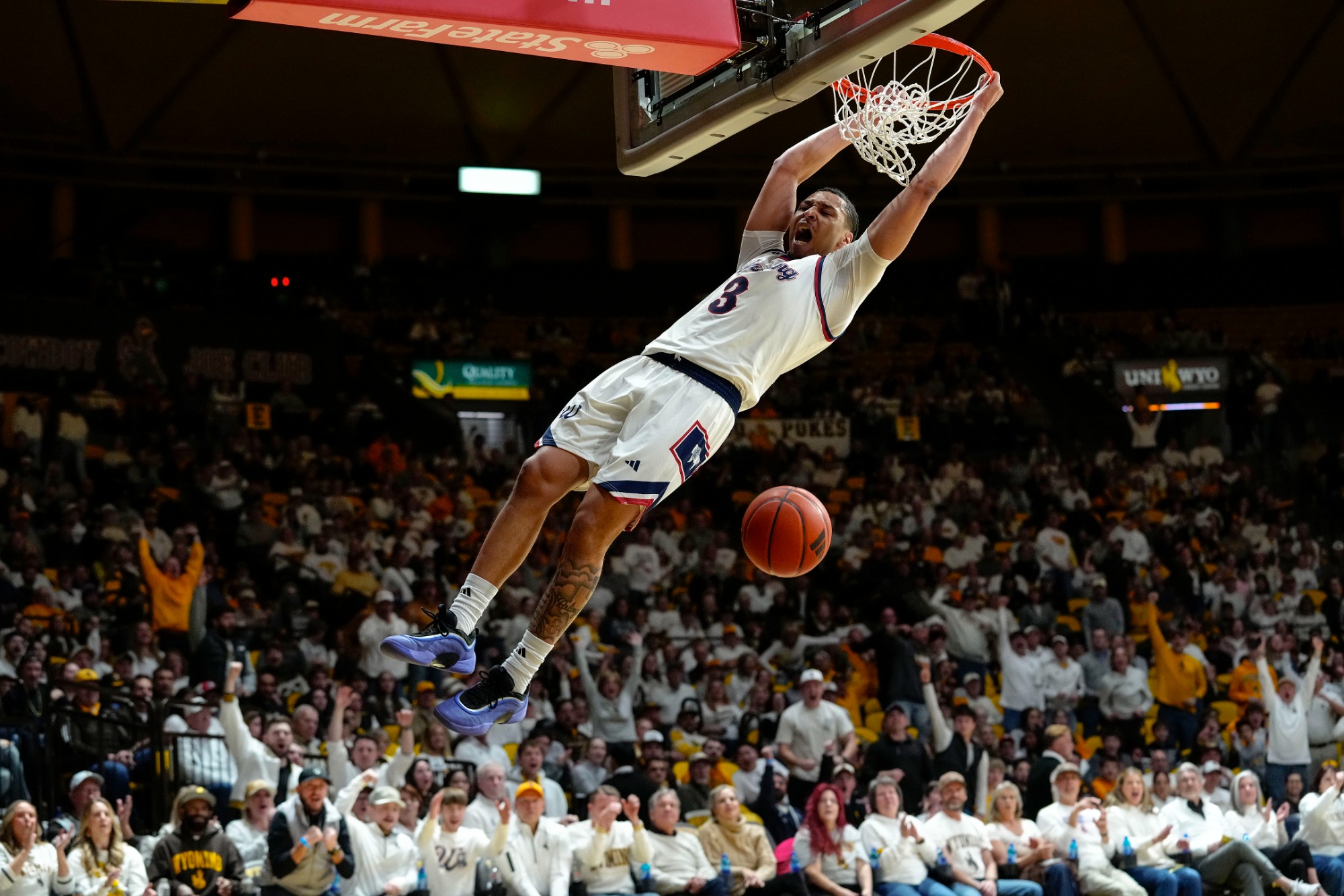 Jan 31, 2026; Laramie, WY, USA; Wyoming Cowboys guard Khaden Bennett (3) against the Colorado State Rams at Arena-Auditorium. Mandatory Credit: Troy Babbitt-UW Media-Athletics