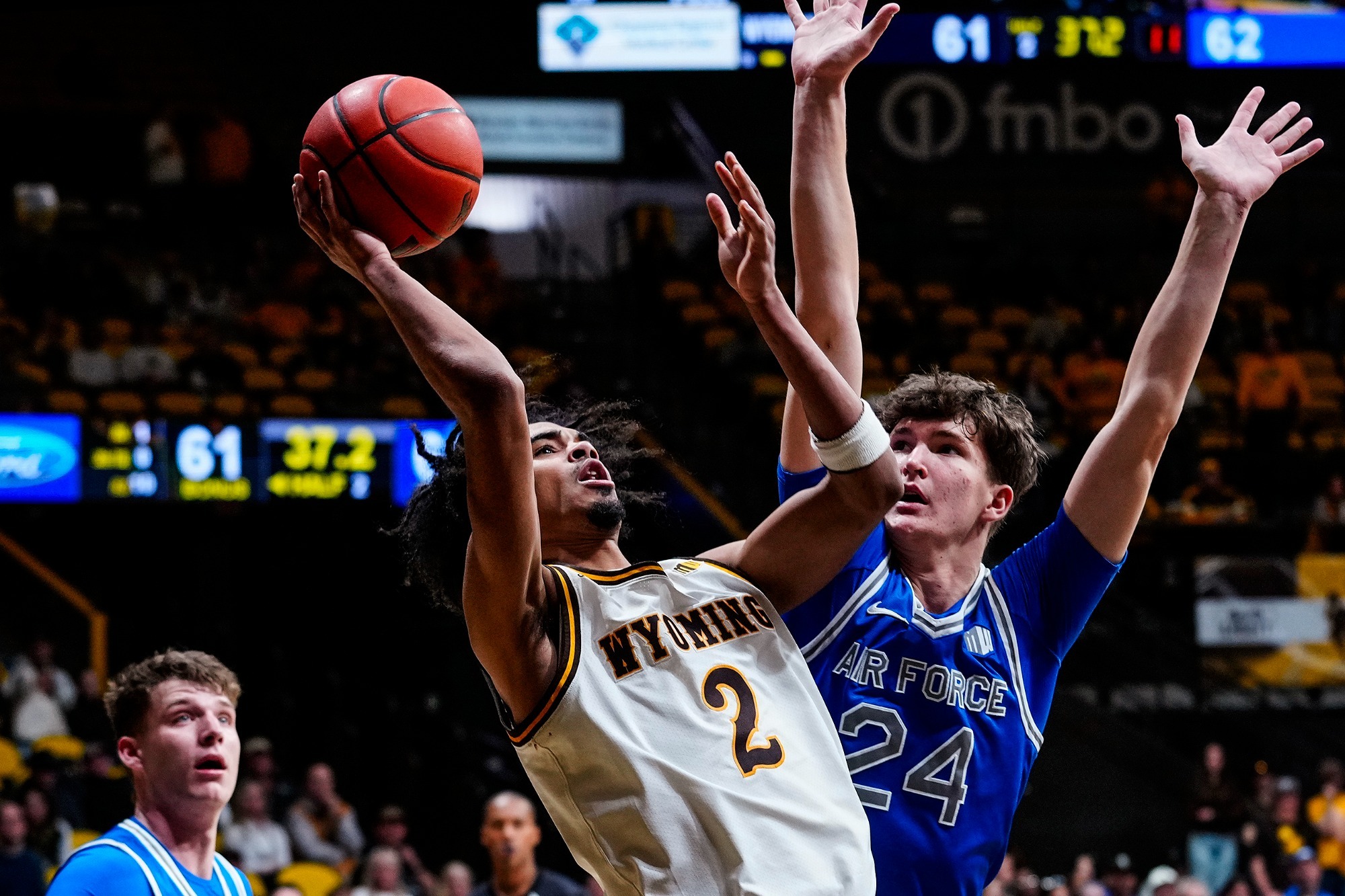 Feb 28, 2026; Laramie, WY, USA; Wyoming Cowboys guard Nasir (Naz) Meyer (2) against the Air Force Falcons at Arena-Auditorium. The Cowboys beat the Falcons 66-62. Mandatory Credit: Troy Babbitt-UW Media-Athletics