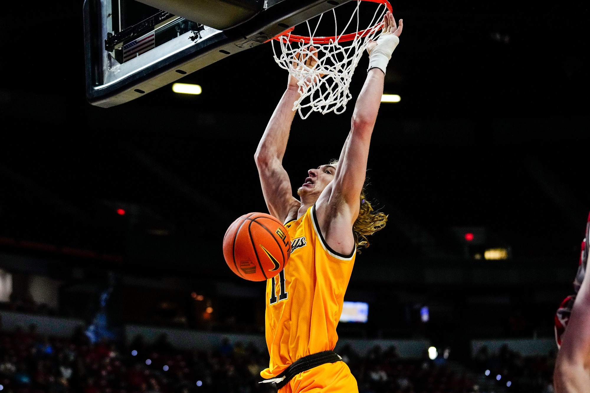 Mar 11, 2026; Las Vegas, NV, USA; Wyoming Cowboys forward Gavin Gores (11) against the UNLV Runnin' Rebels in first round action at Thomas & Mack Center. The Cowboys lost to the Rebels 73-70. Mandatory Credit: Troy Babbitt-UW Media-Athletics