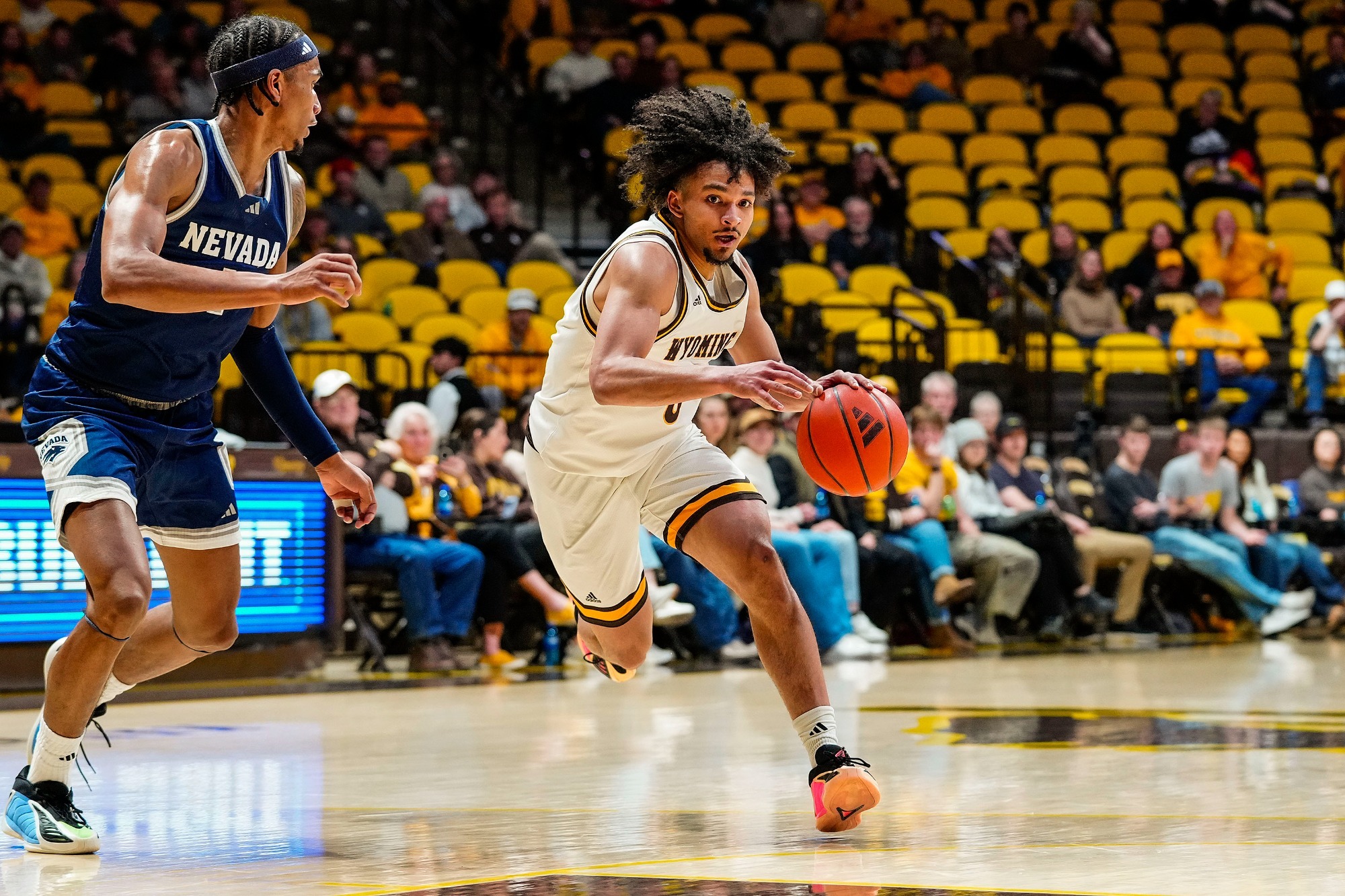 Mar 3, 2026; Laramie, WY, USA; Wyoming Cowboys guard Uriyah Rojas (0) against the Nevada Wolf Pack at Arena-Auditorium. The Cowboys beat the Wolf Pack 83-73. Mandatory Credit: Troy Babbitt-UW Media-Athletics