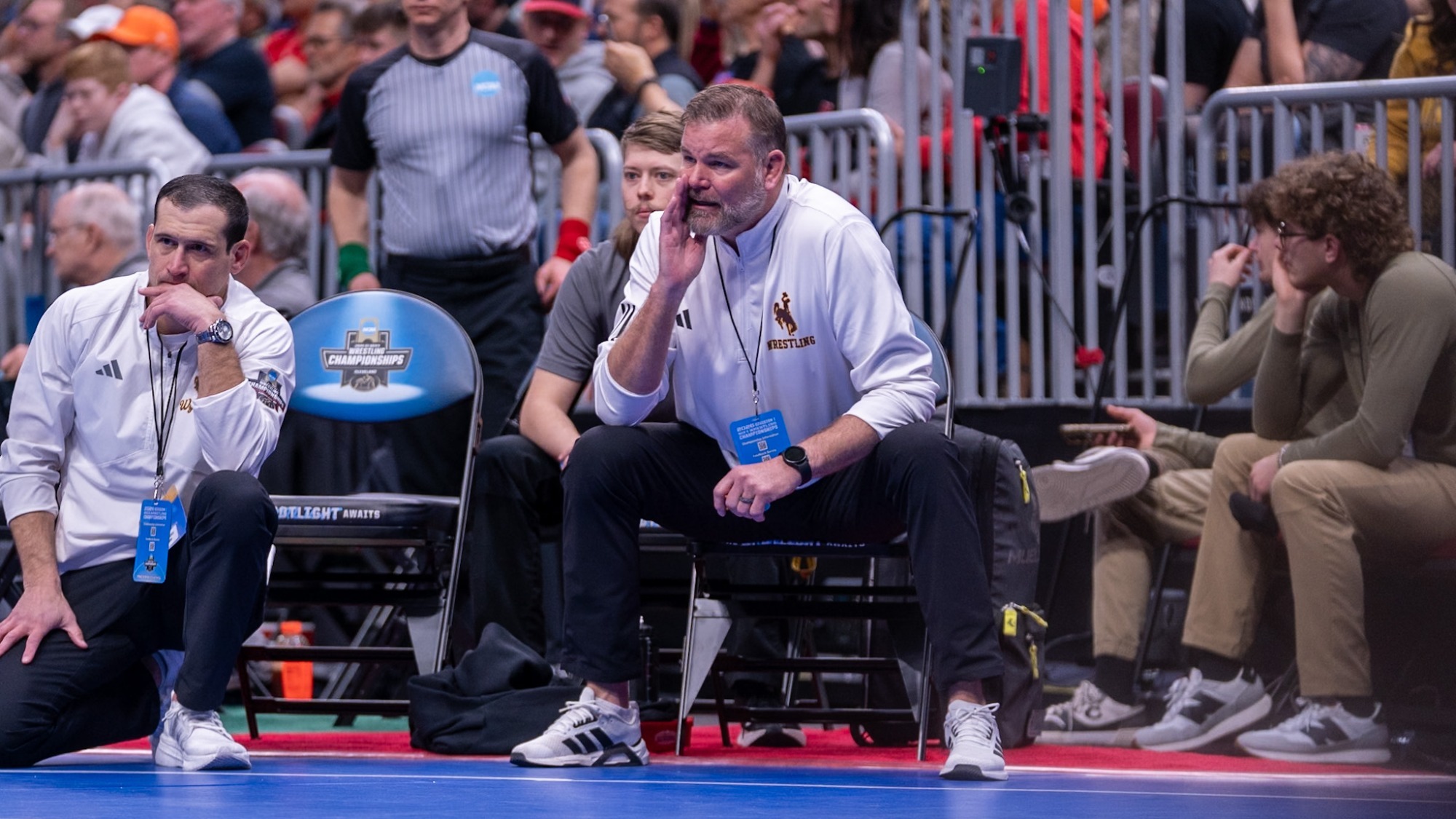 Head coach Mark Branch coaches during the NCAA Championships in Cleveland, Ohio