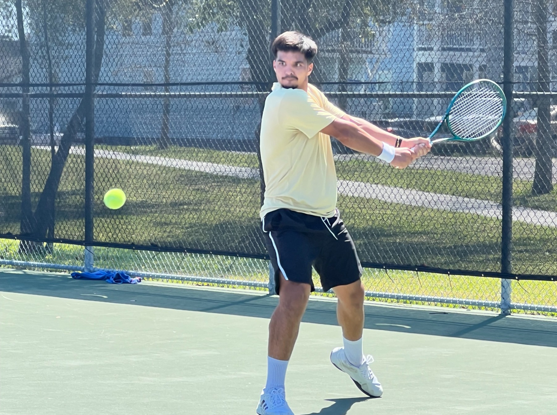 Nereo Suarez returns serve versus Spring 2026 versus Missouri Baptist