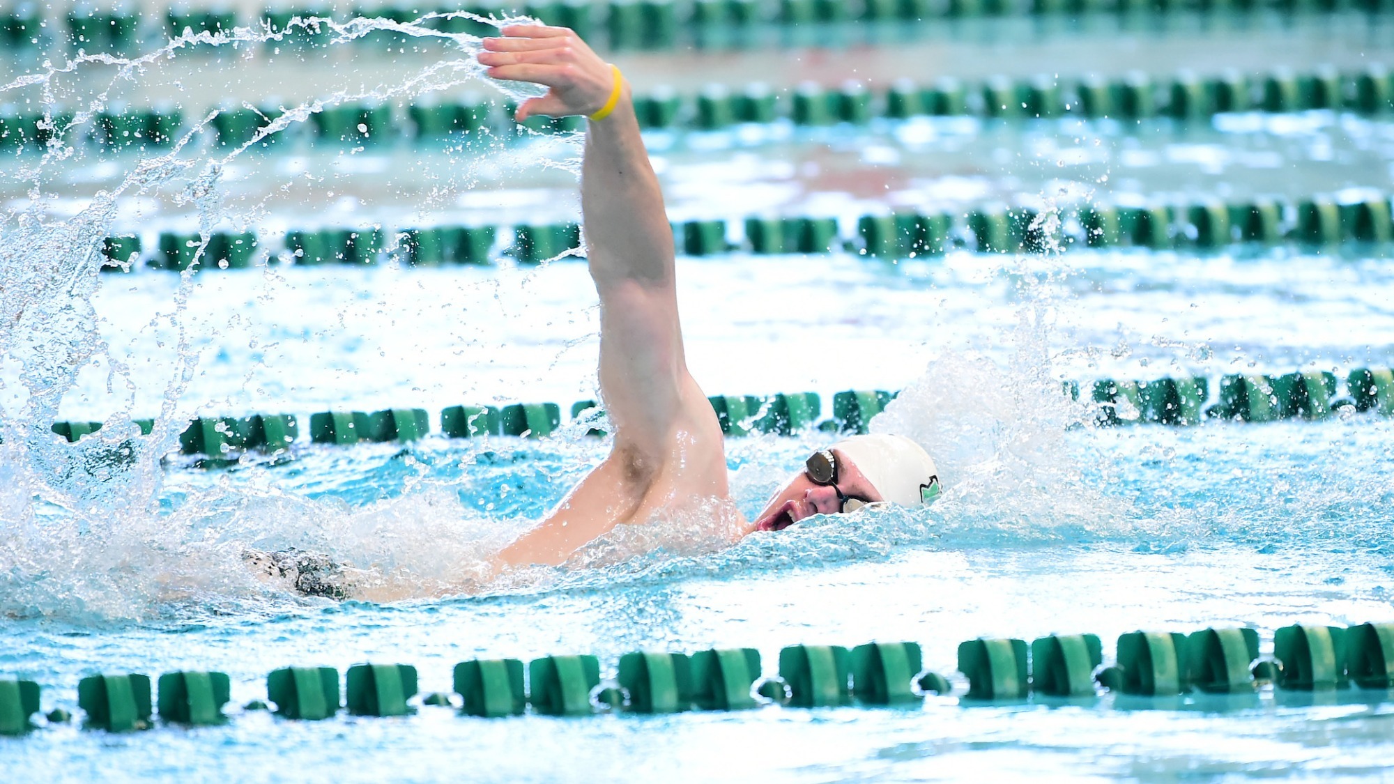 male swimmer competes in freestyle