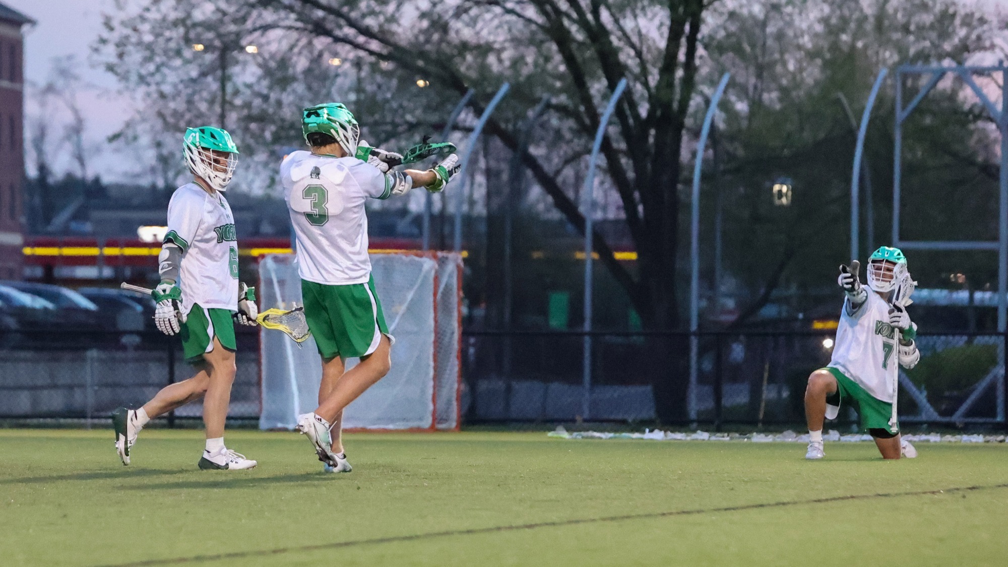 male lacrosse players celebrate goal