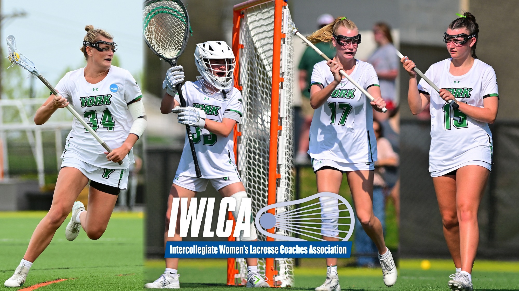 four women's lacrosse players honored for All-region awards with IWLCA logo in the center