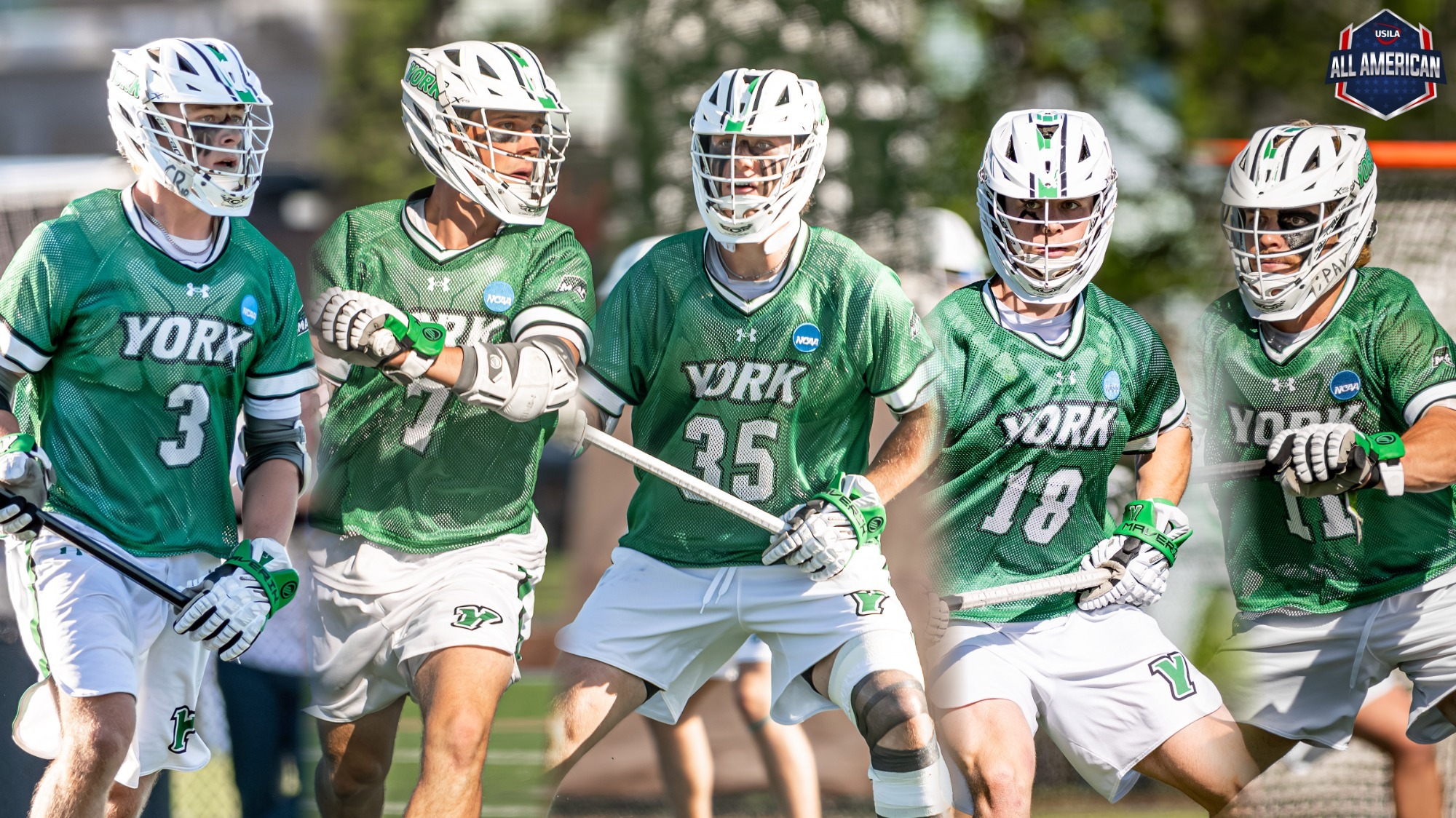 five men's lacrosse players in game action