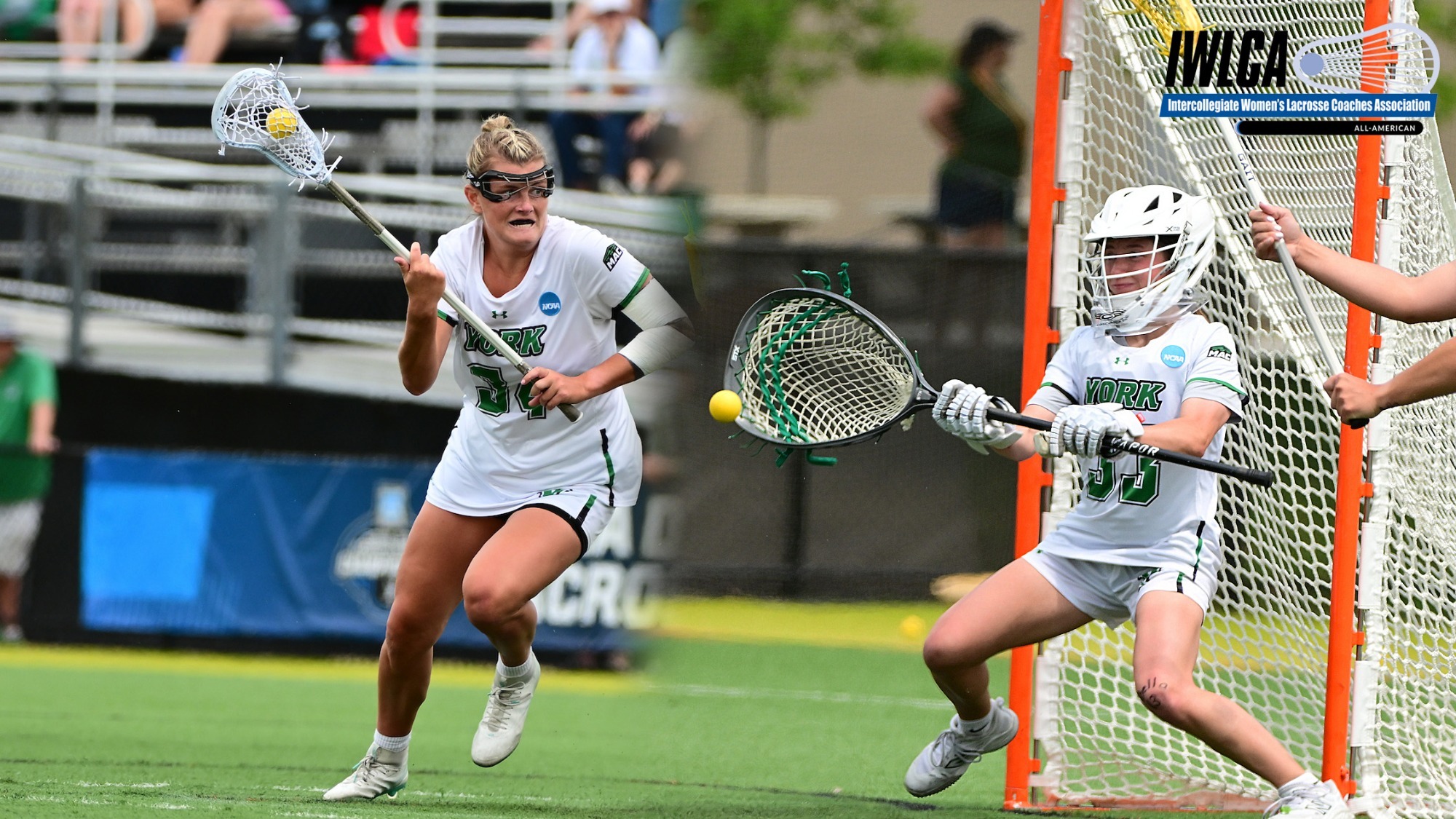 two female lacrosse players in action with IWLCA logo in upper right corner