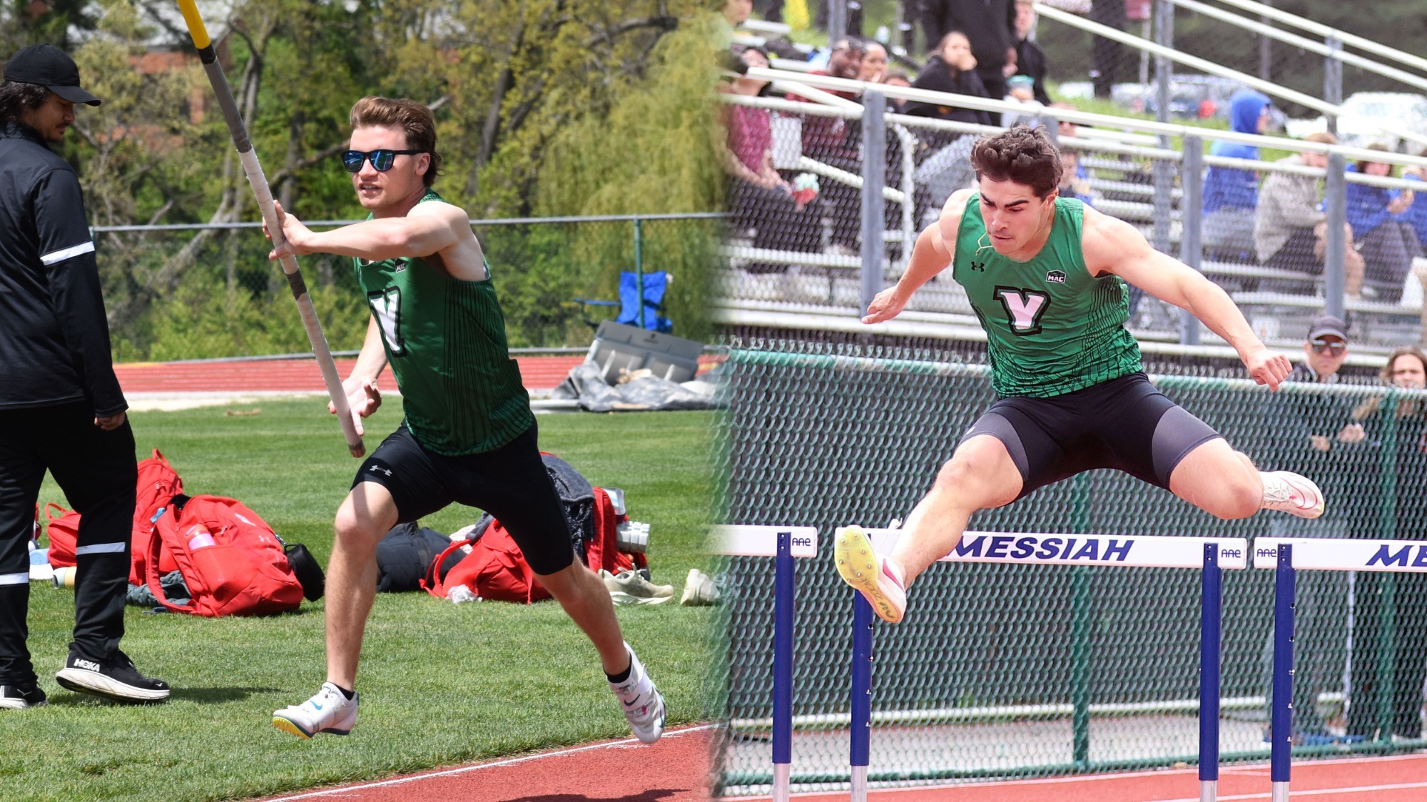male athletes compete in the pole vault and the hurdles