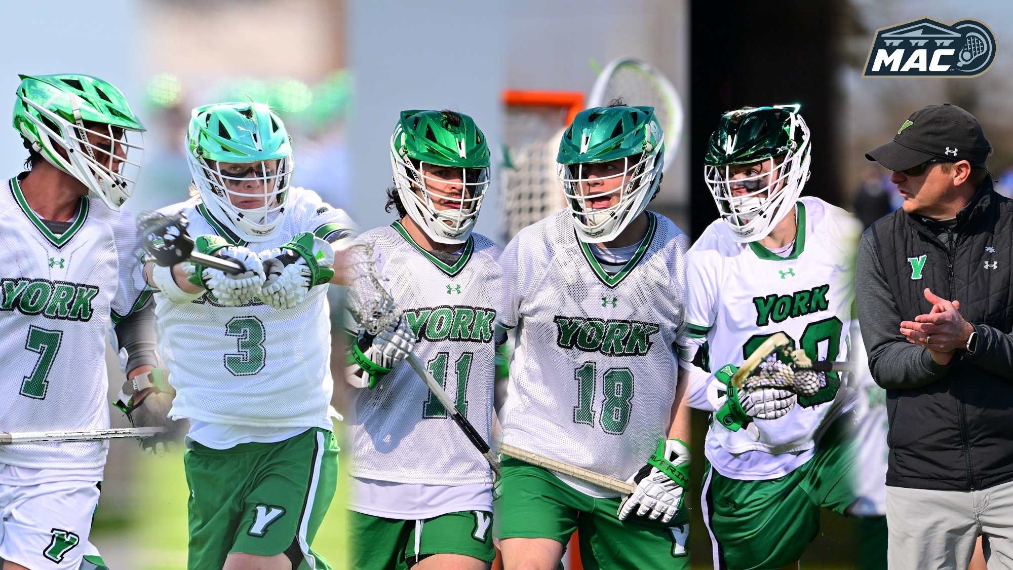 men's lacrosse players in various positions with MAC logo in upper right corner