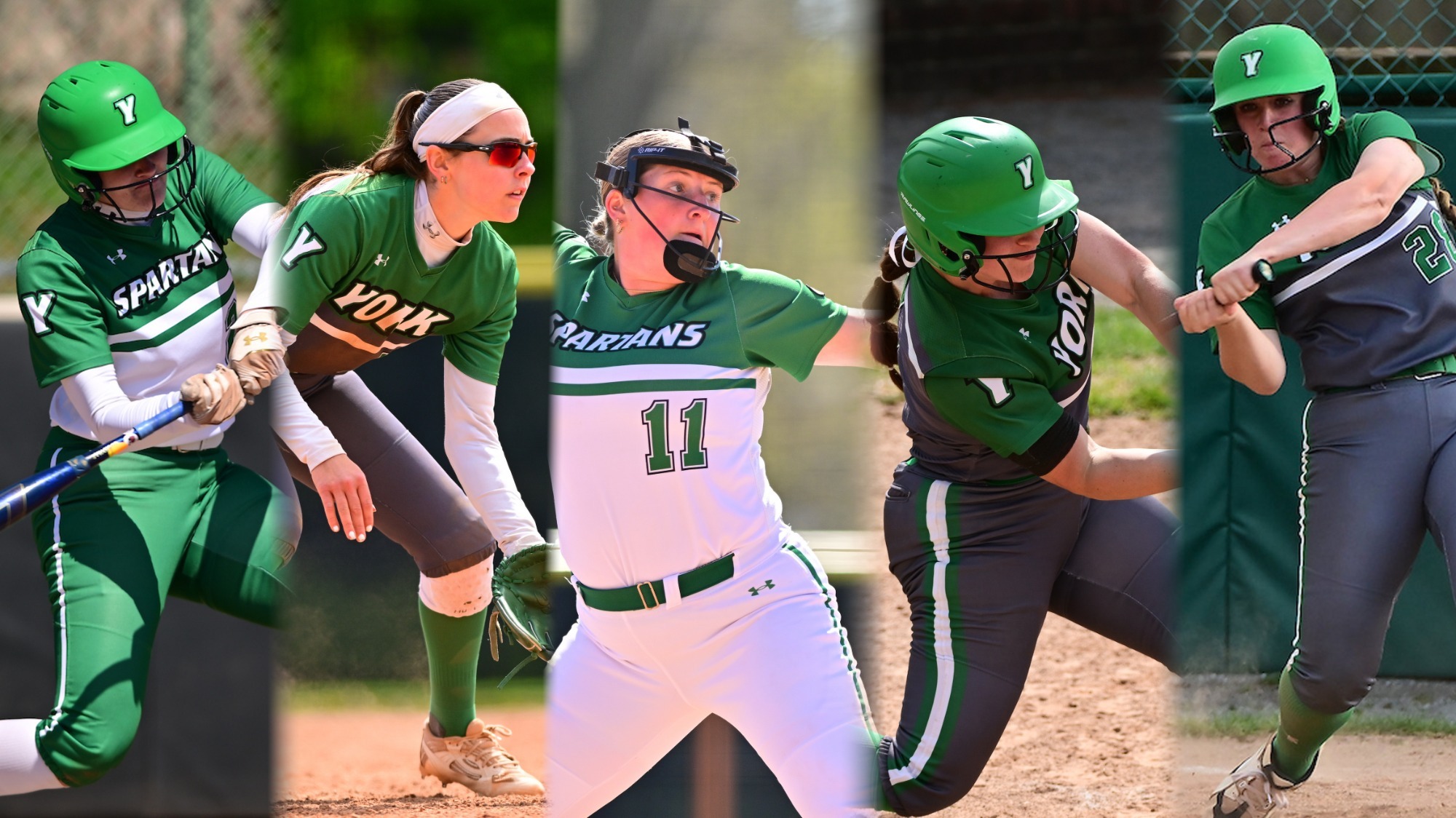 five softball players in playing the game