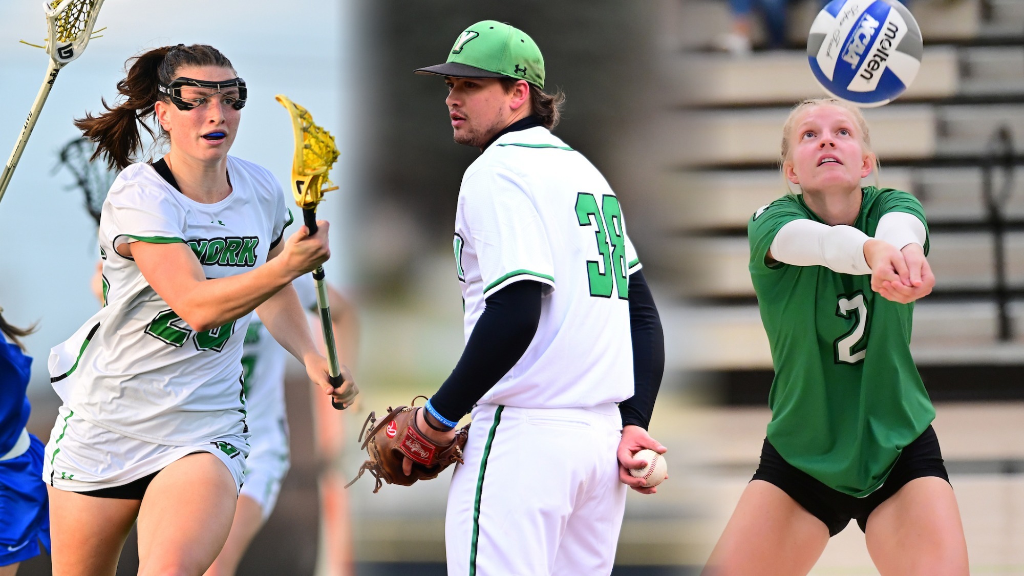 two female student-athletes and one male student athlete captured in various action shots