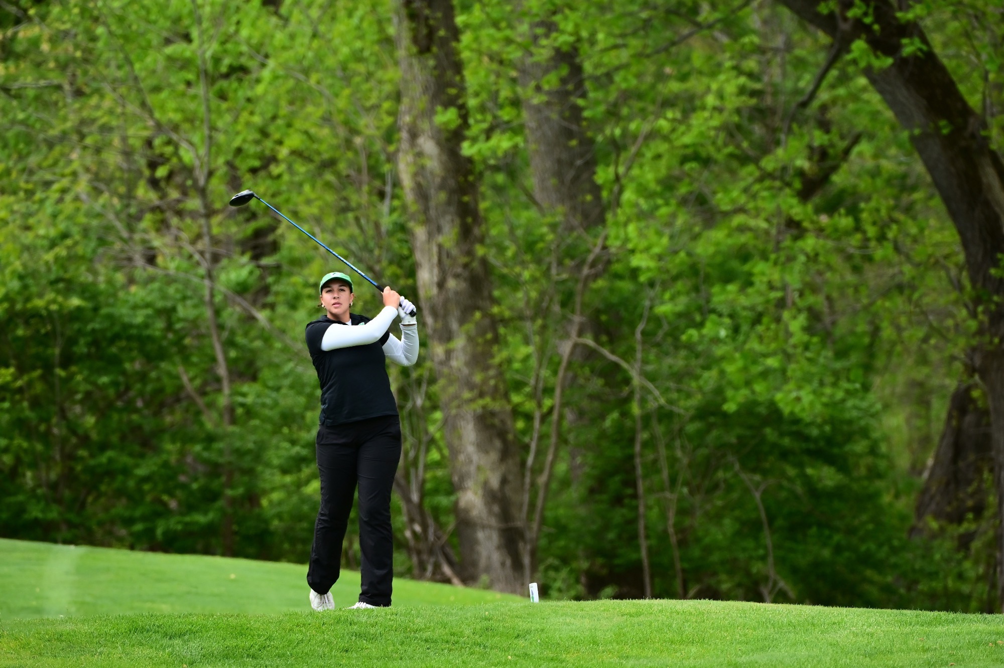 Female hitting golf ball off of tee