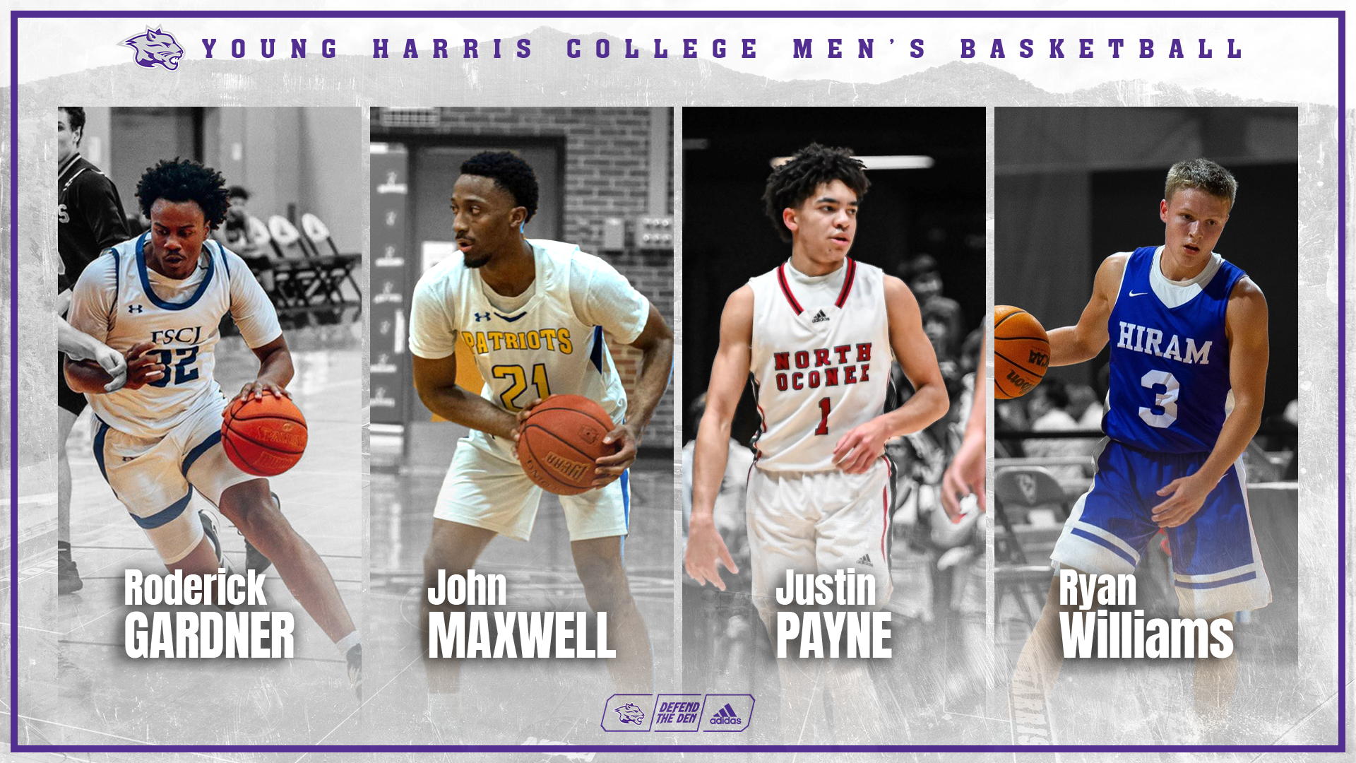 Men's Basketball Signing Graphic for Justin Payne, Ryan Williams, John Maxwell, and Roderick Gardner