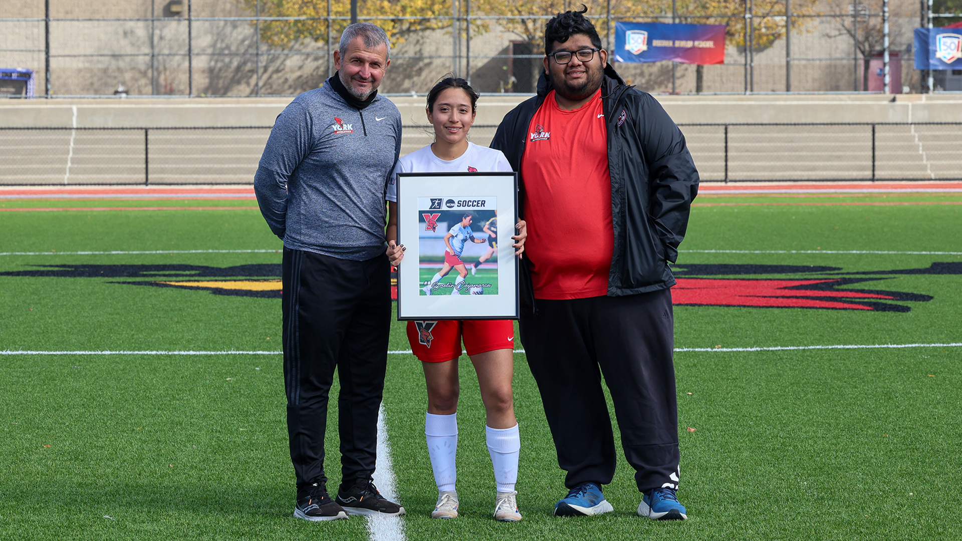 Emelin Cajamarca recognized during the 2025 York College Women's Soccer Senior Day Ceremony