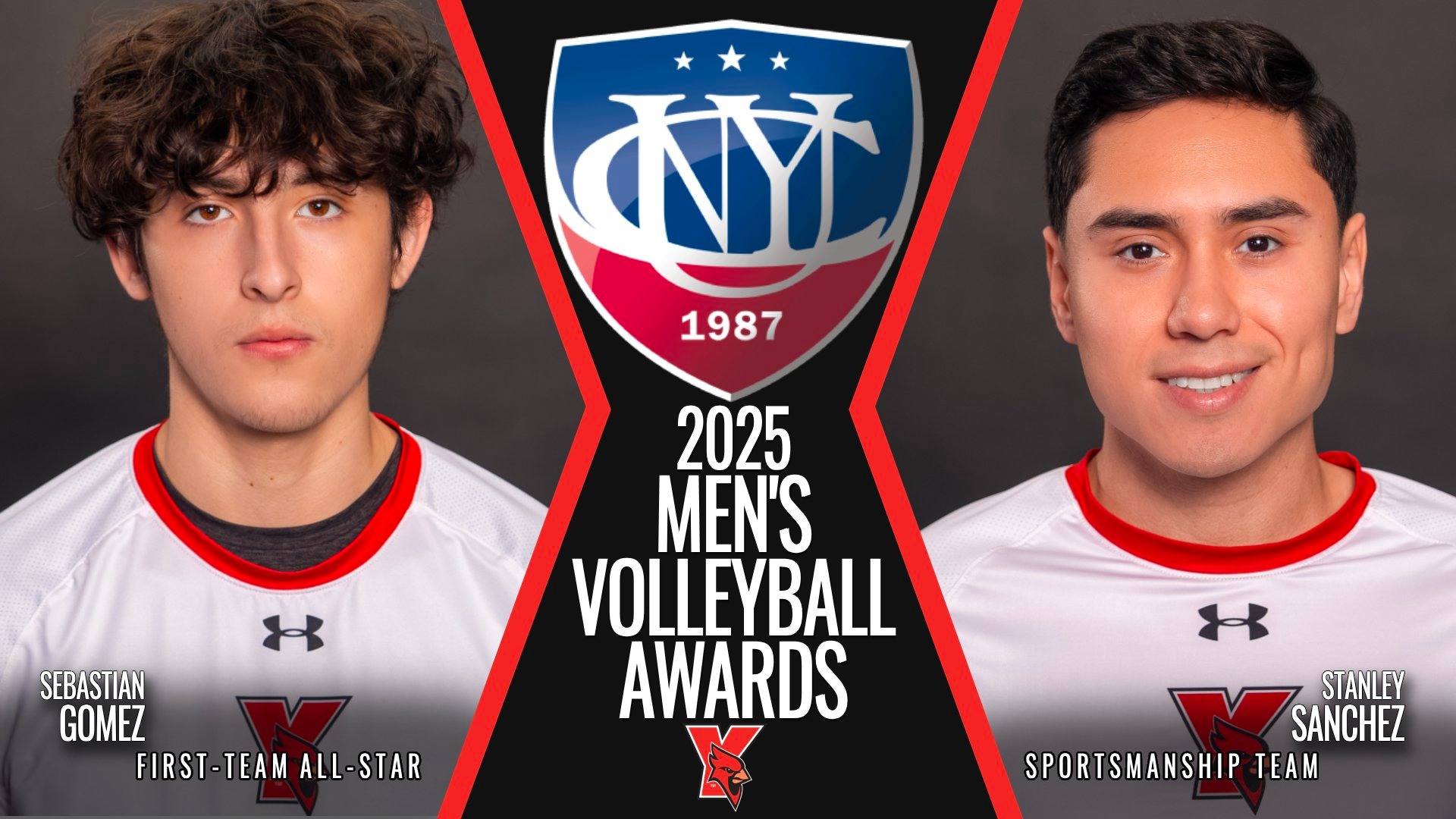 (L-R) 2025 CUNYAC Men's Volleyball Awards: Sebastian Gomez (First Team), Stanley Sanchez (Sportsmanships Team)