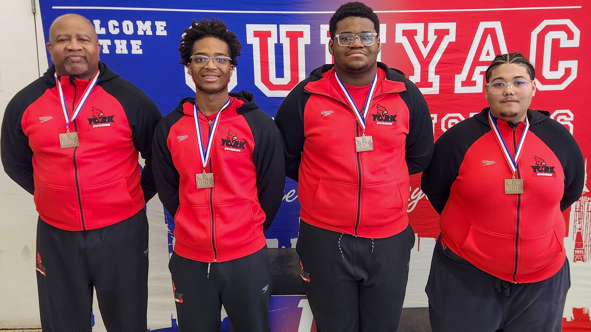 (L-R) Tyrone Morris, Wood-by Paulemont, Brandon Smith and Lukas Rivera capture third place in the 400-yard freestyle relay at the 2026 CUNYAC Championships