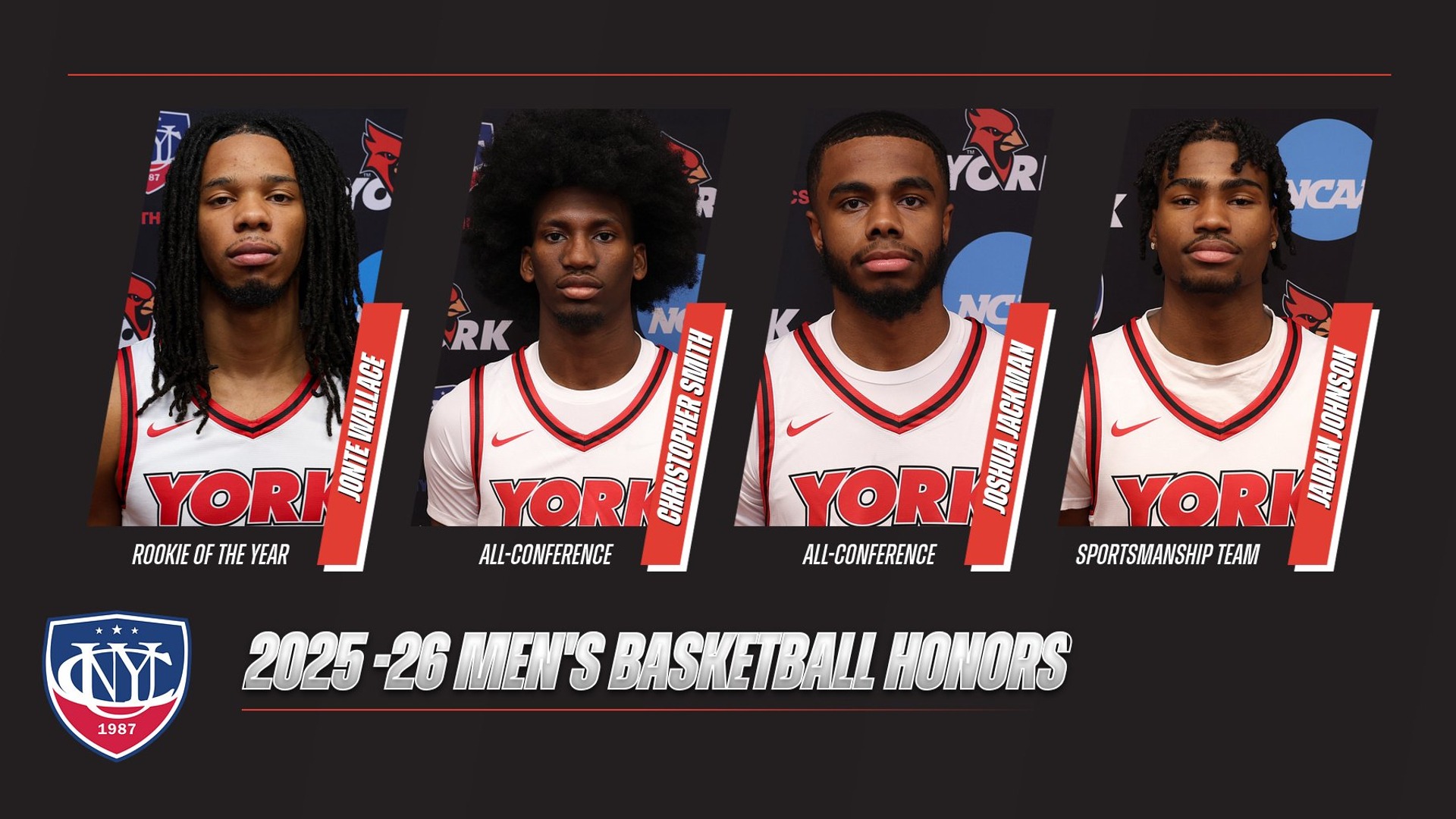 2025-26 CUNYAC Men's Basketball Awards - Jonte Wallace (Rookie of the Year), Christopher Smith (All-Conference), Joshua Jackman (All-Conference) and Jaidan Johnson (Sportsmanship Team)