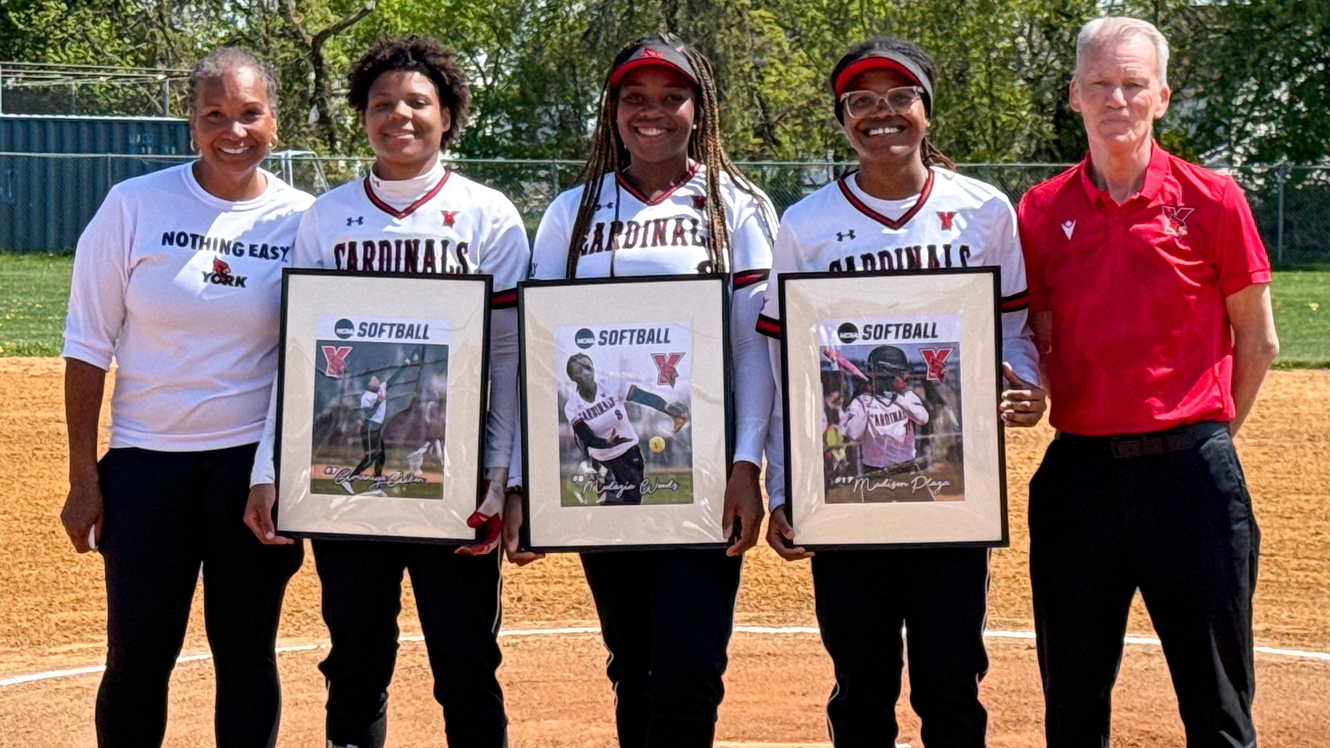 2026 York College Softball Senior Day (L-R) Tracey Marshall, Aminaya Aiken, Mulazia Woods, Madison Plaza and Carl Christian