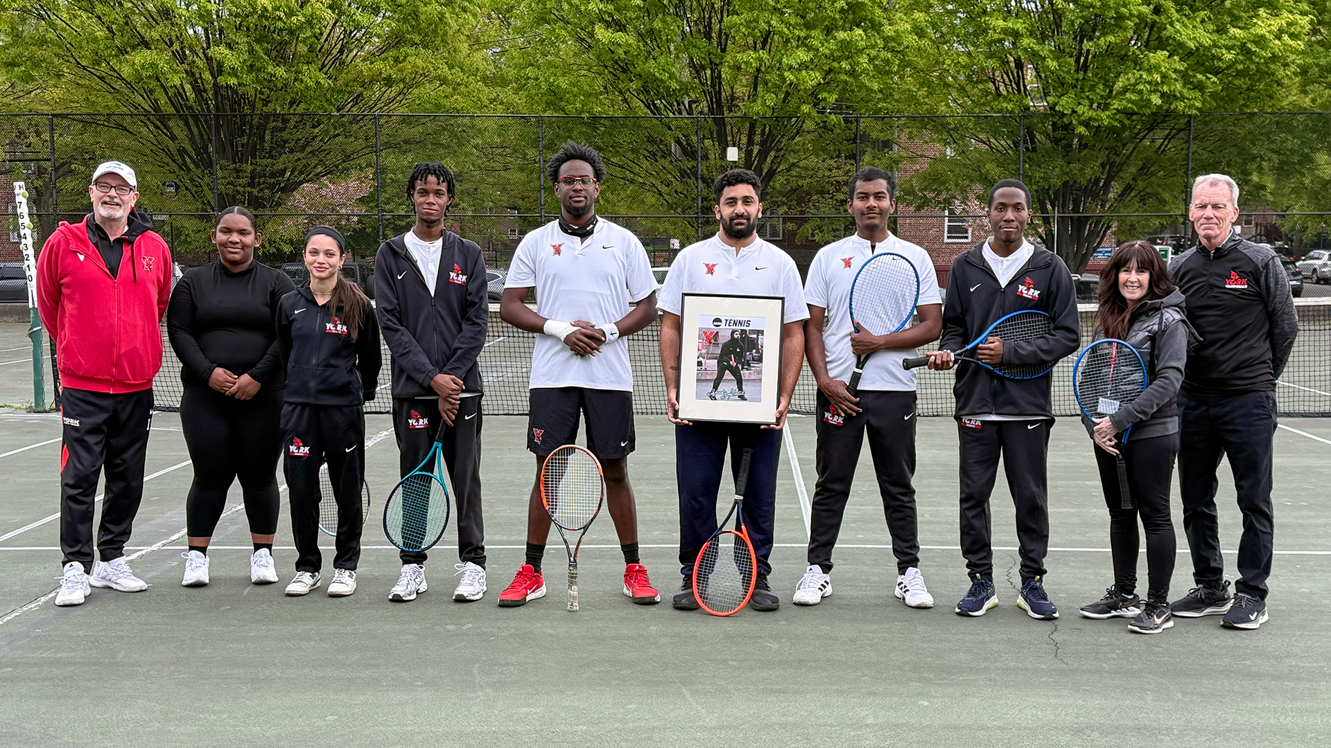 2026 York College Men's Tennis Senior Day (L-R) Branislav Grujic, Franeidy Mauricio, Gabriela Pirondi, Lawrence Louis, Altenor Molien, Shady Kalil, Munab Hasnain, Max Moncion, Kathleen DeRienzo and Carl Christian