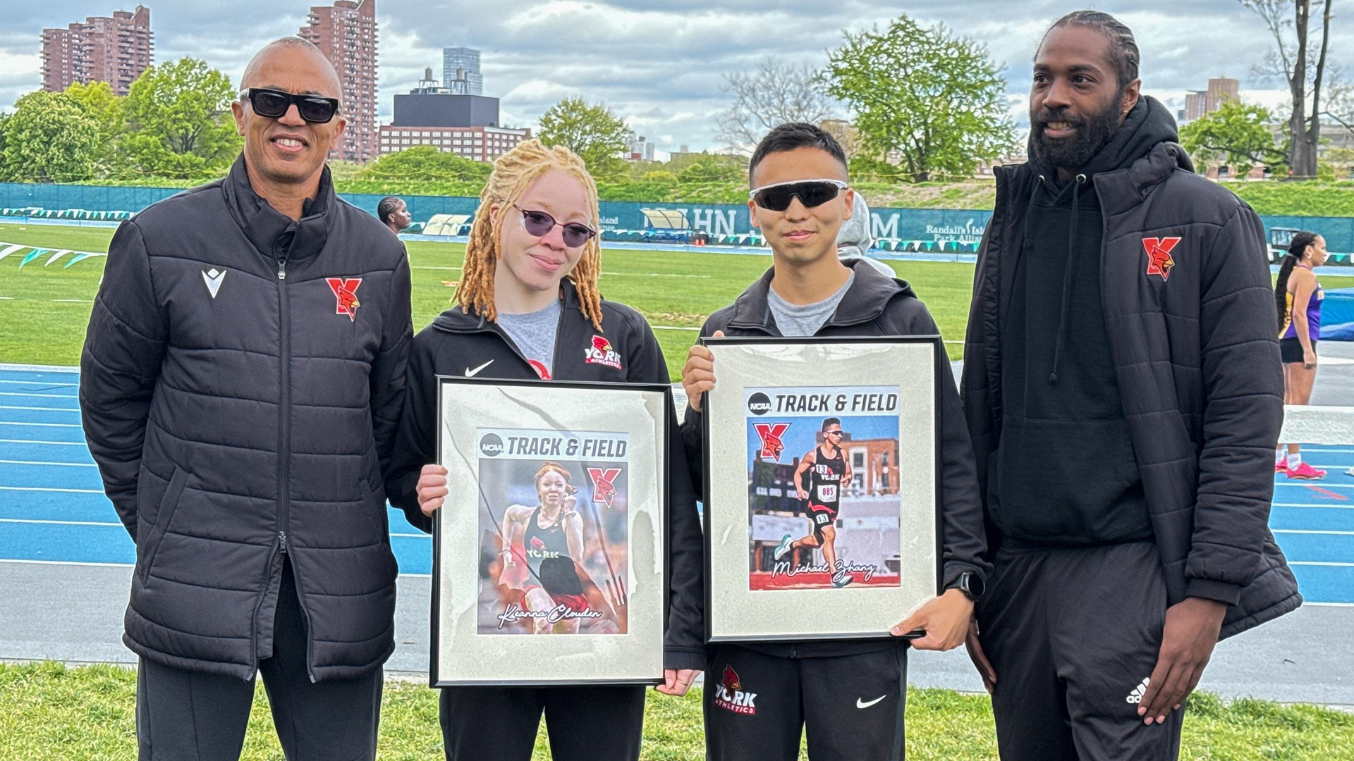 (L-R) Brahim Chhab, Keanna Clouden, Michael Zhang and Kiechen Smith celebrate Senior Day at the 2026 CUNYAC Outdoor Track & Field Championships
