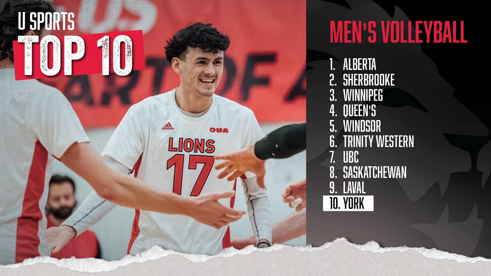 The York University Lions men’s volleyball team is among the best in the nation, ranked 10th in the latest U SPORTS Top 10 rankings.