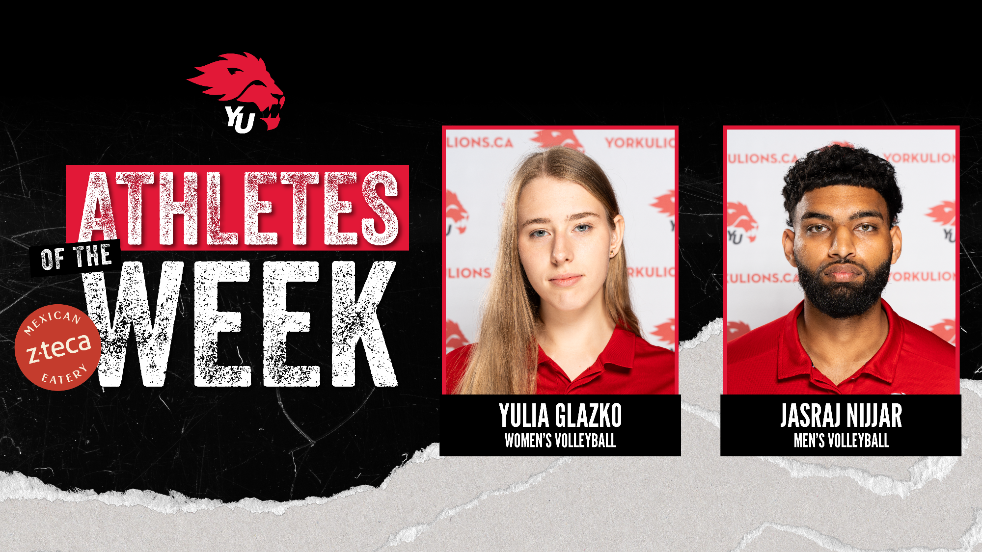 York University Lions volleyball players Yulia Glazko and Jasraj Nijjar have been named York athletes of the week for the period ending Nov. 24. 