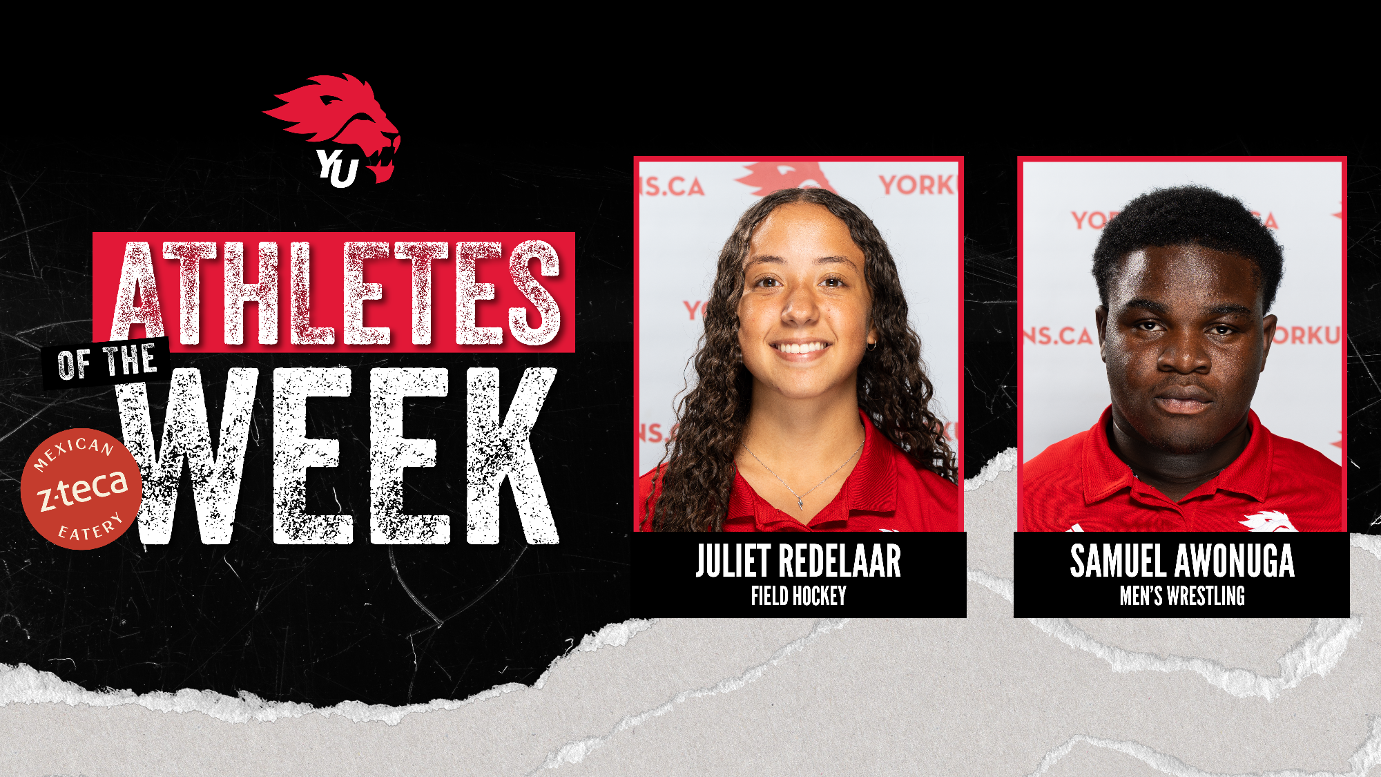 York University Lions field hockey player Juliet Redelaar and men’s wrestler Samuel Awonuga have been named the latest York athletes of the week for the period ending Nov. 2.