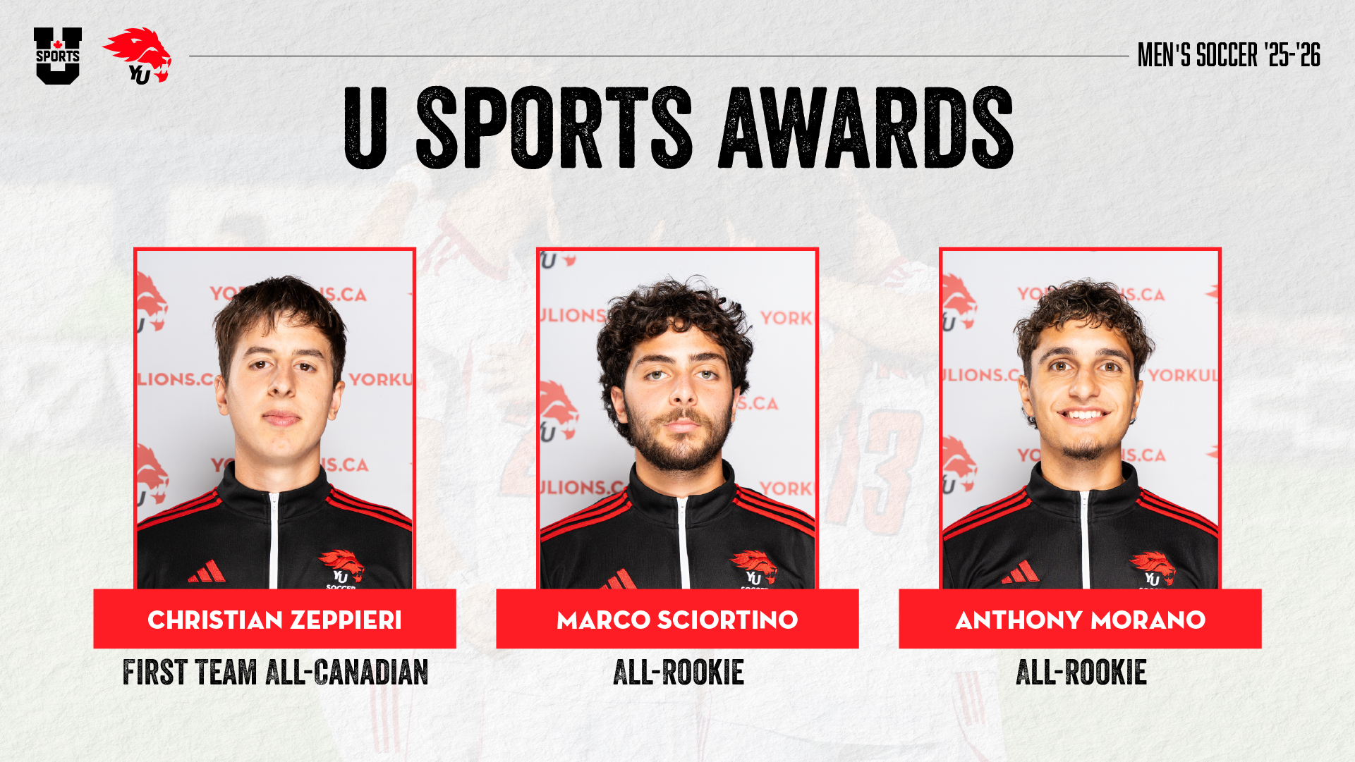 Three members of the York University Lions men’s soccer team were honoured at the U SPORTS men’s soccer awards banquet on Wednesday night.