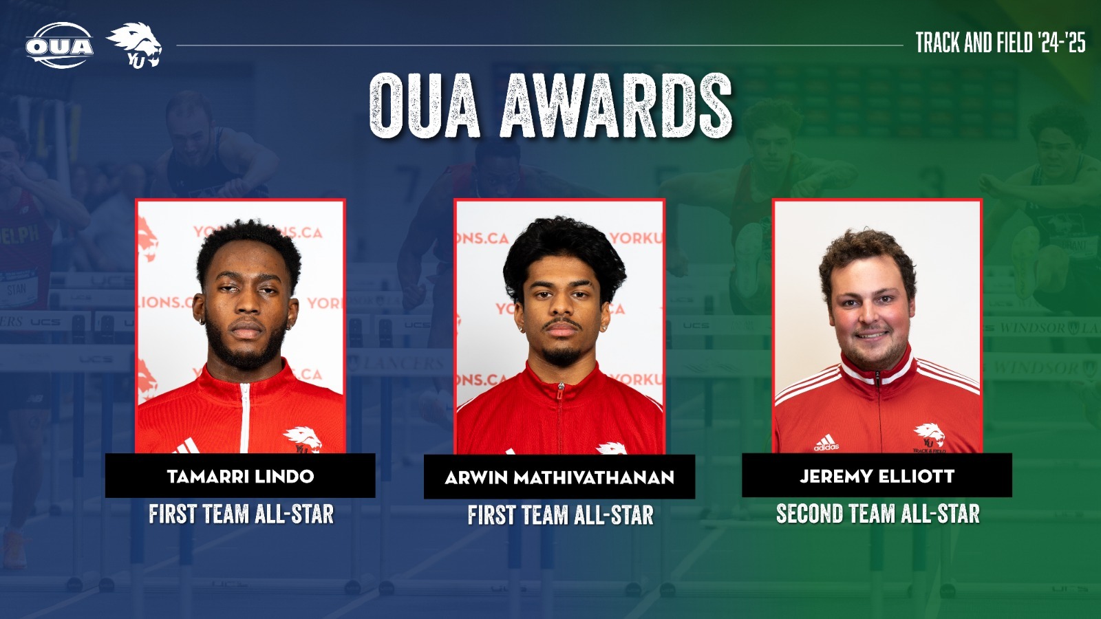 After an OUA championship that saw the York University Lions track & field team take home five medals, the three Lions to win gold and silver medals also assume the distinction of being an OUA all-star.