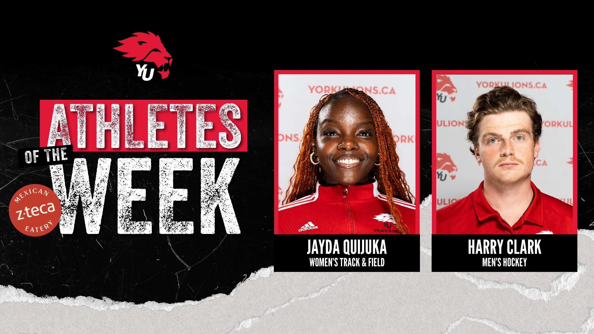 York University Lions track and field thrower Jayda Quijuka and men's hockey player Harry Clark have been named the latest York athletes of the week for the period ending January 25.