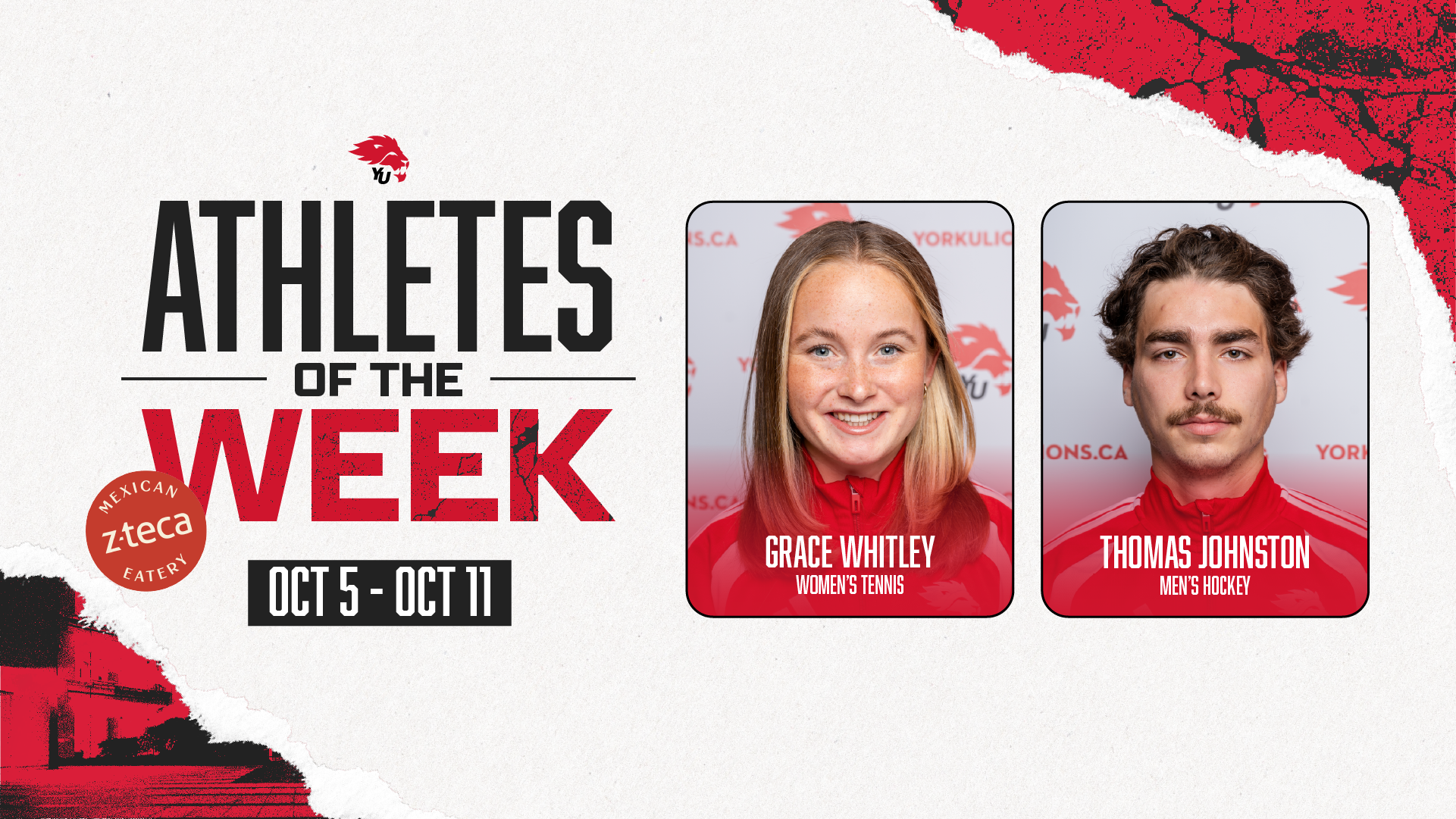 York University Lions women’s tennis player Grace Whitley and men’s hockey player Thomas Johnston have been named York athletes of the week for the period ending Oct. 11.