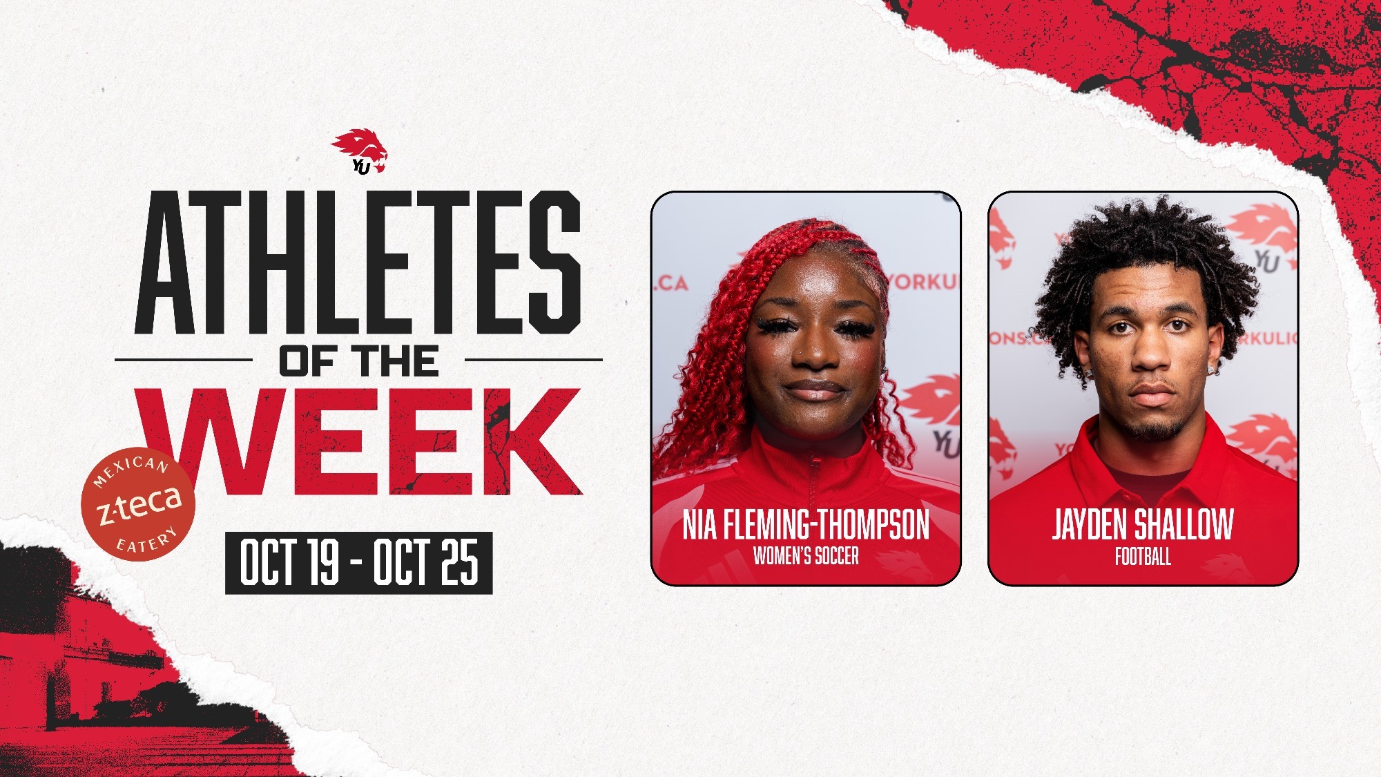 York University Lions women's soccer player Nia Fleming-Thompson and football player Jayden Shallow have been named York athletes of the week for the period ending Oct. 25.