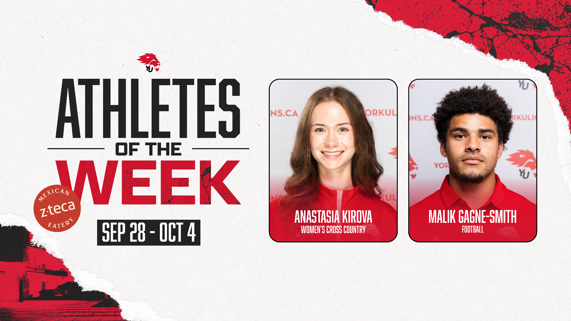 York University Lions women's cross country runner Anastasia Kirova and football player Malik Gagne-Smith have been named the latest York Athletes of the Week for the period ending Oct. 4.