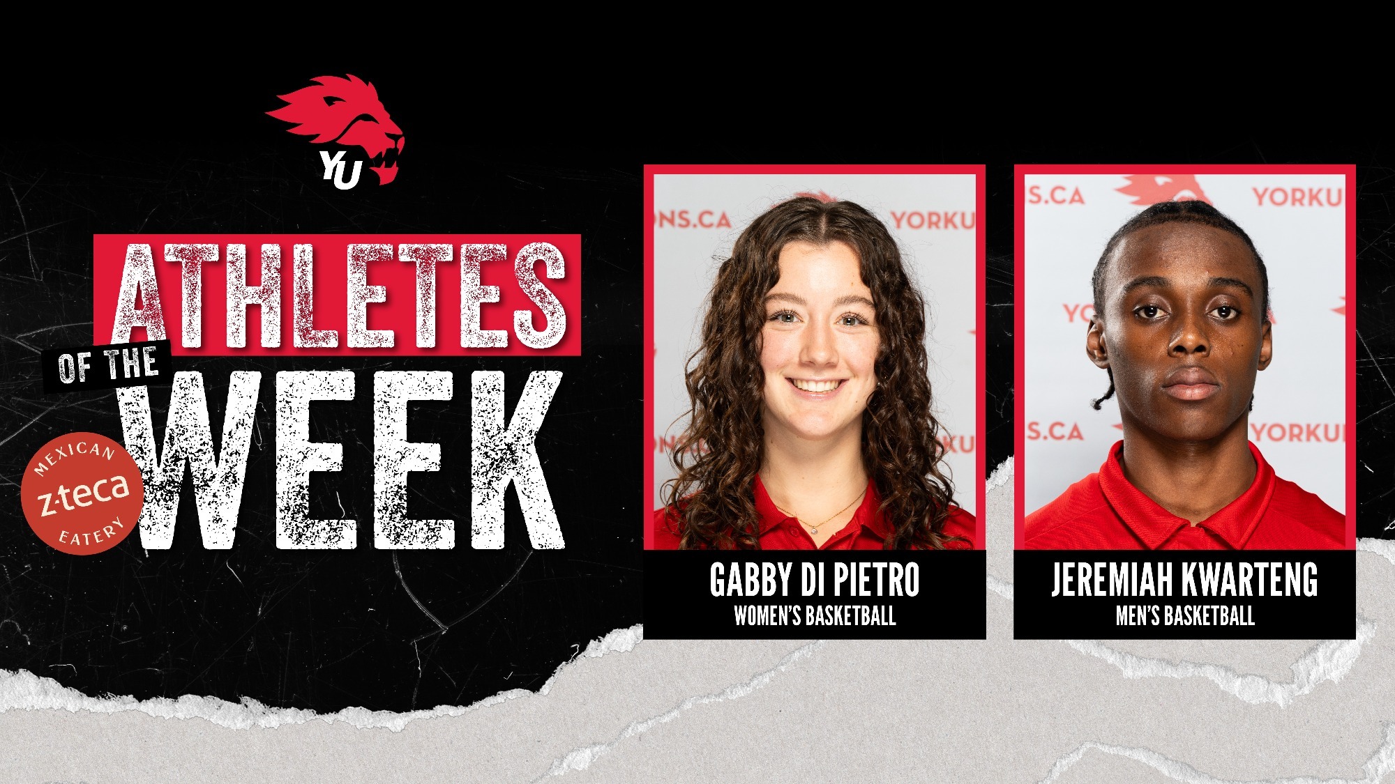 York University Lions basketball players Gabby Di Pietro and Jeremiah Kwarteng have been named the York athletes of the week for the period ending Feb. 15.
