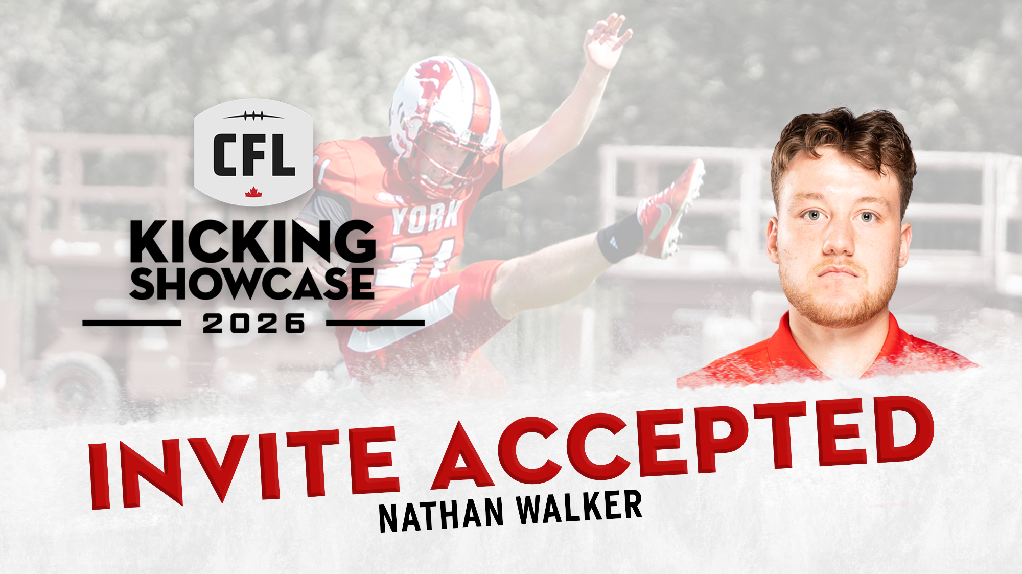 York University Lions kicker/punter Nathan Walker is one of 28 kickers and punters from across the globe invited to participate in the CFL Kicking Showcase from Feb. 21-22 in San Diego, C