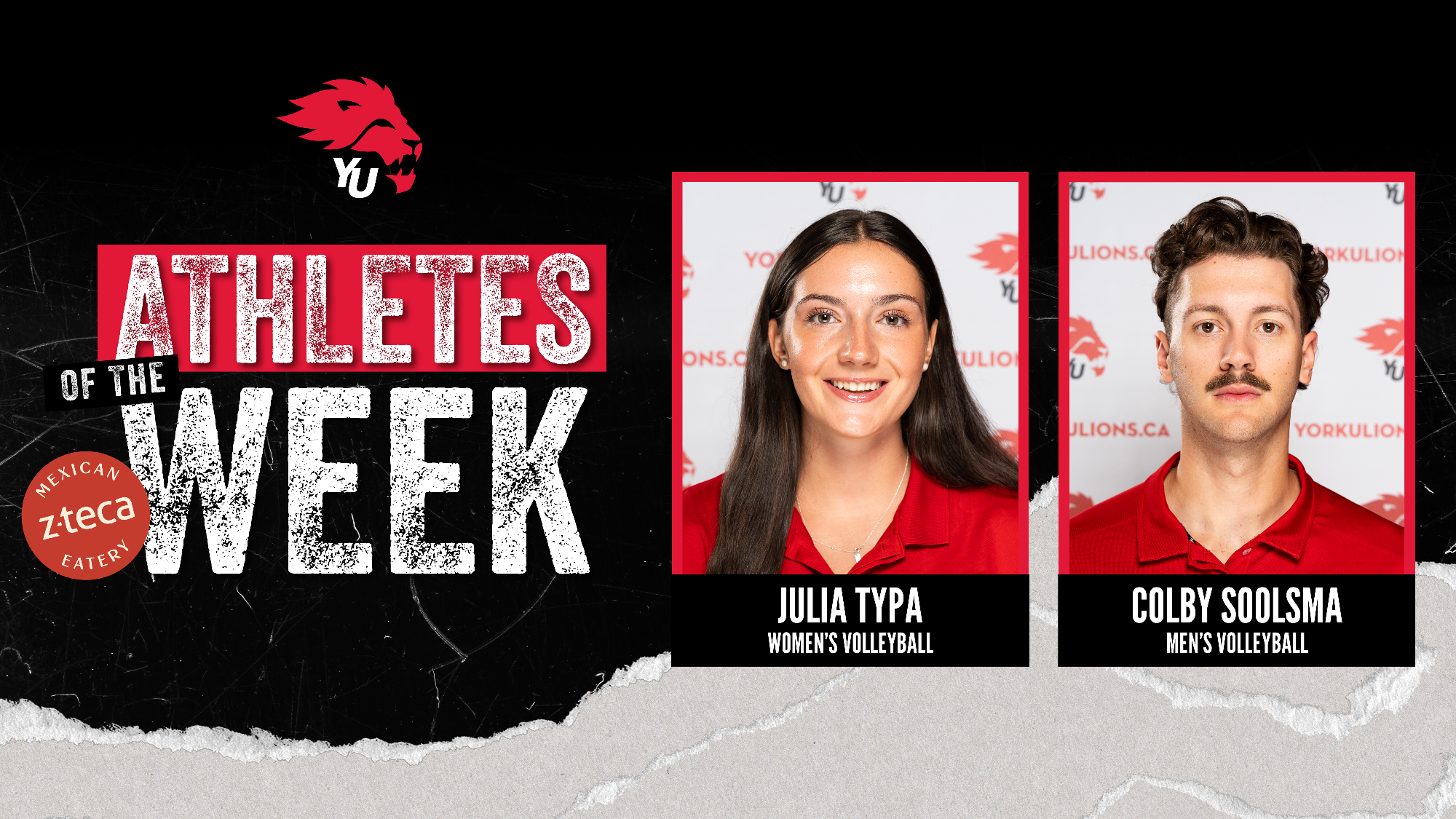 York University Lions volleyball players Julia Typa and Colby Soolsma have been named the latest York athletes of the week, for the period ending Feb. 1