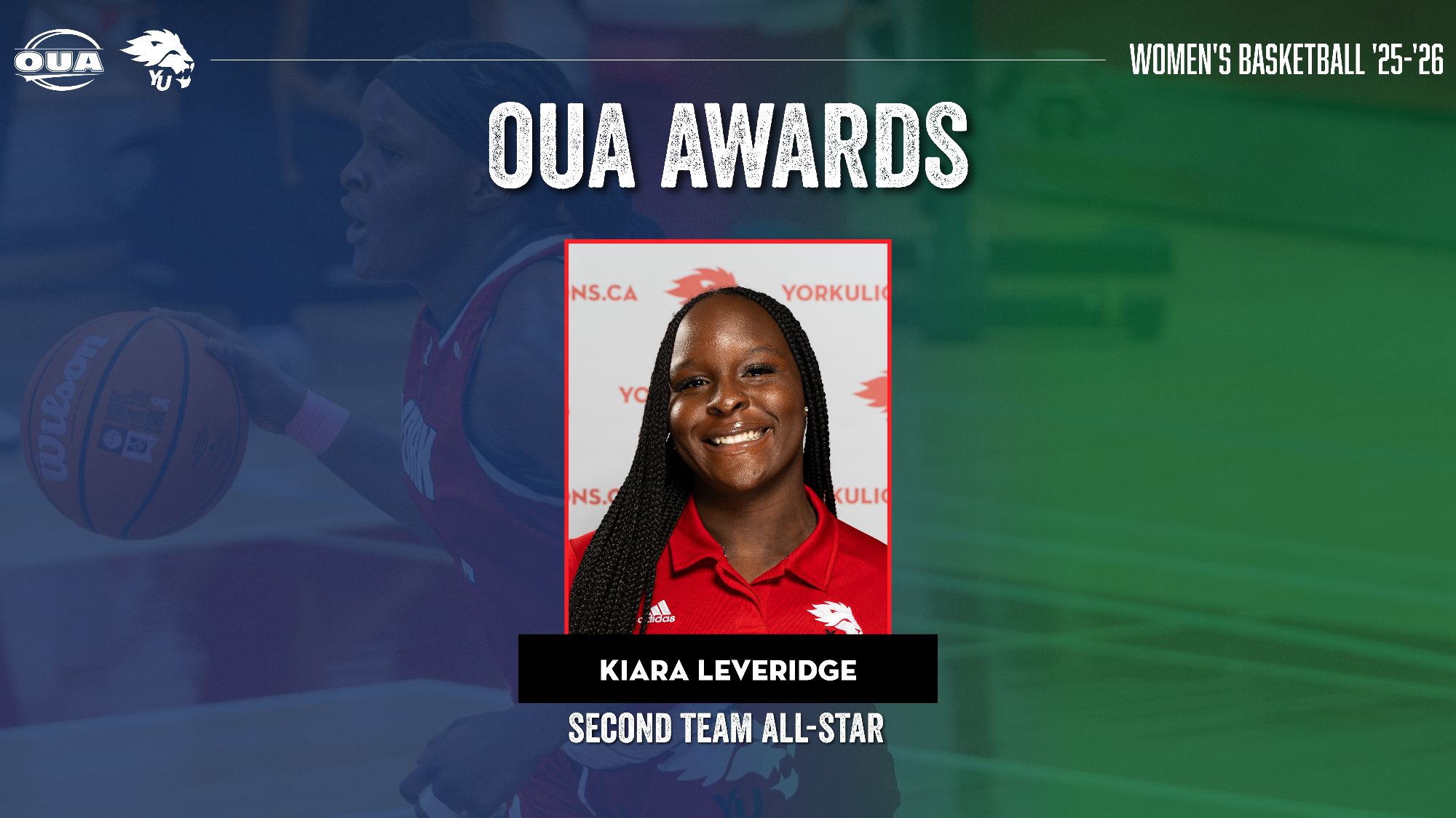 York University Lions women’s basketball star Kiara Leveridge was named a second team all-star by the conference on Thursday, earning the award for a third straight year.