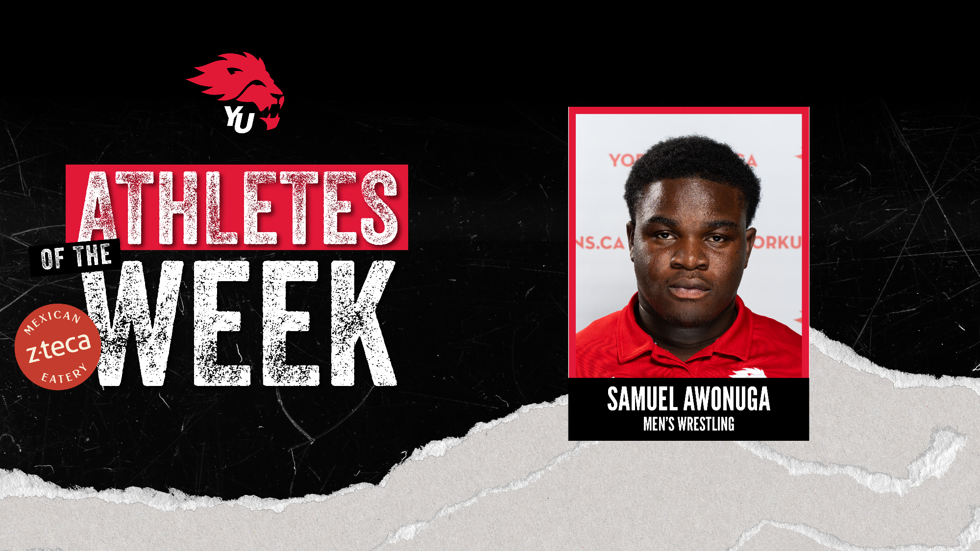 York University Lions wrestler Samuel Awonuga has been named the York athlete of the week for the period ending Mar. 1