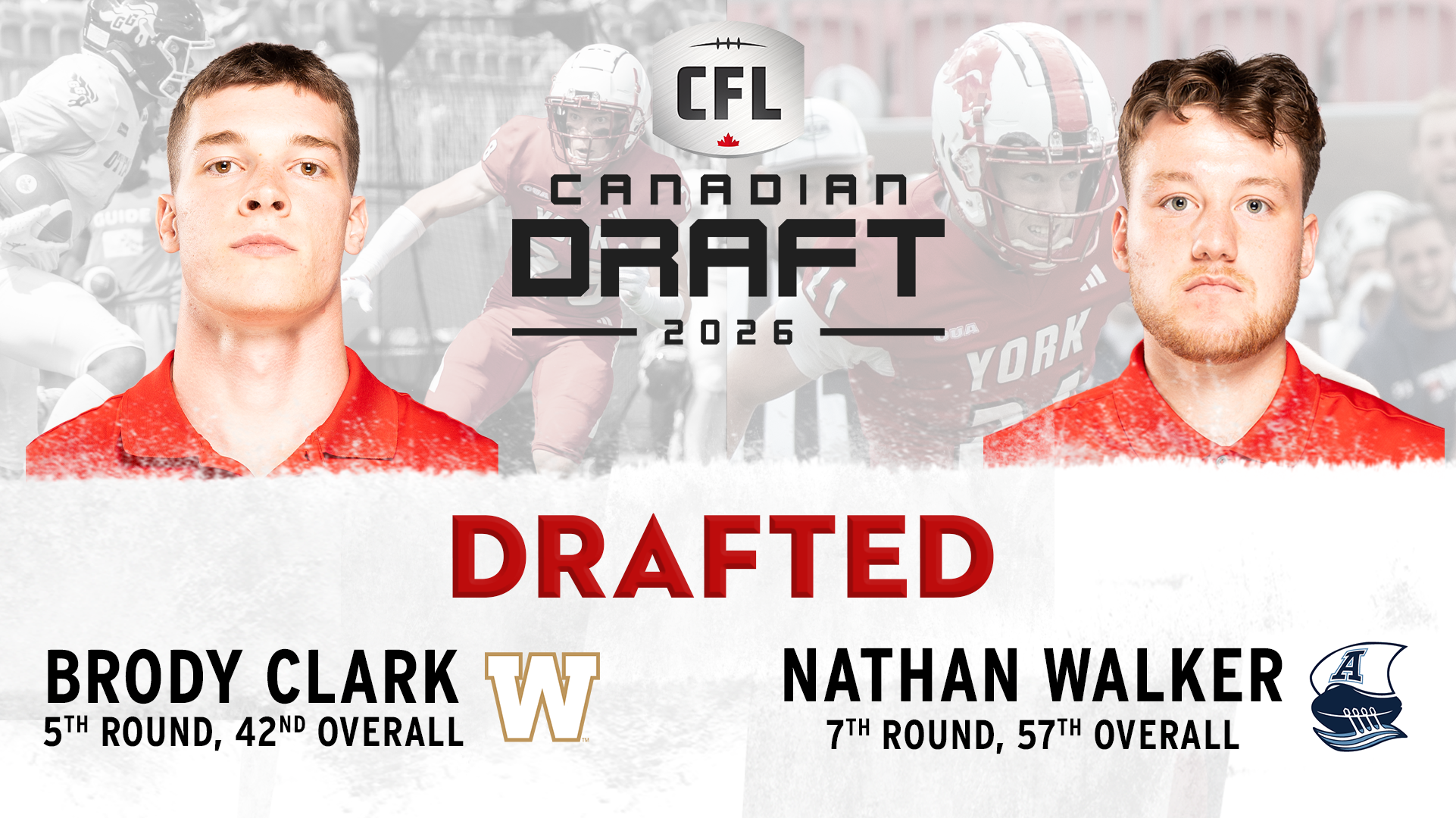 York University Lions linebacker Brody Clark (L) and kicker Nathan Walker (R) were selected in the 2026 CFL Canadian Draft on Tuesday night.