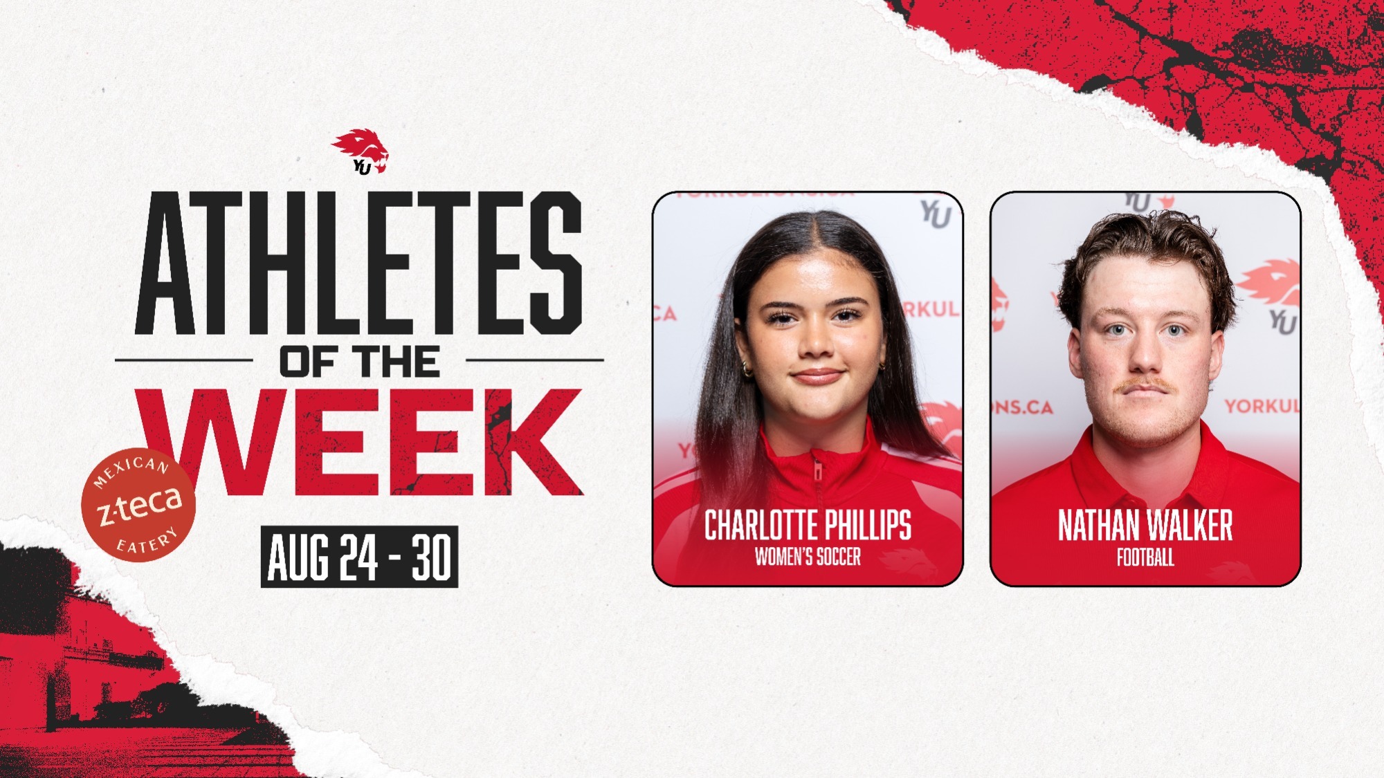 York University Lions women’s soccer player Charlotte Phillips and football player Nathan Walker were named York athletes of the week or the period ending Aug. 30.
