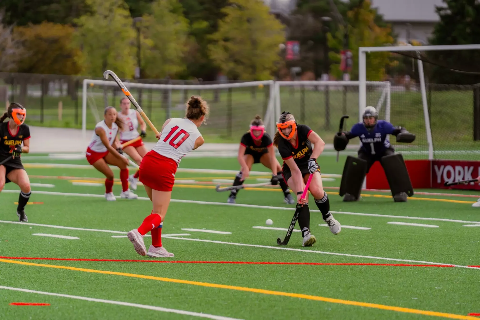 York's Abby Thompson (No. 10) takes a shot in the Lions 6-0 victory over the Guelph Gryphons on Sunday, Sept. 13, 2026