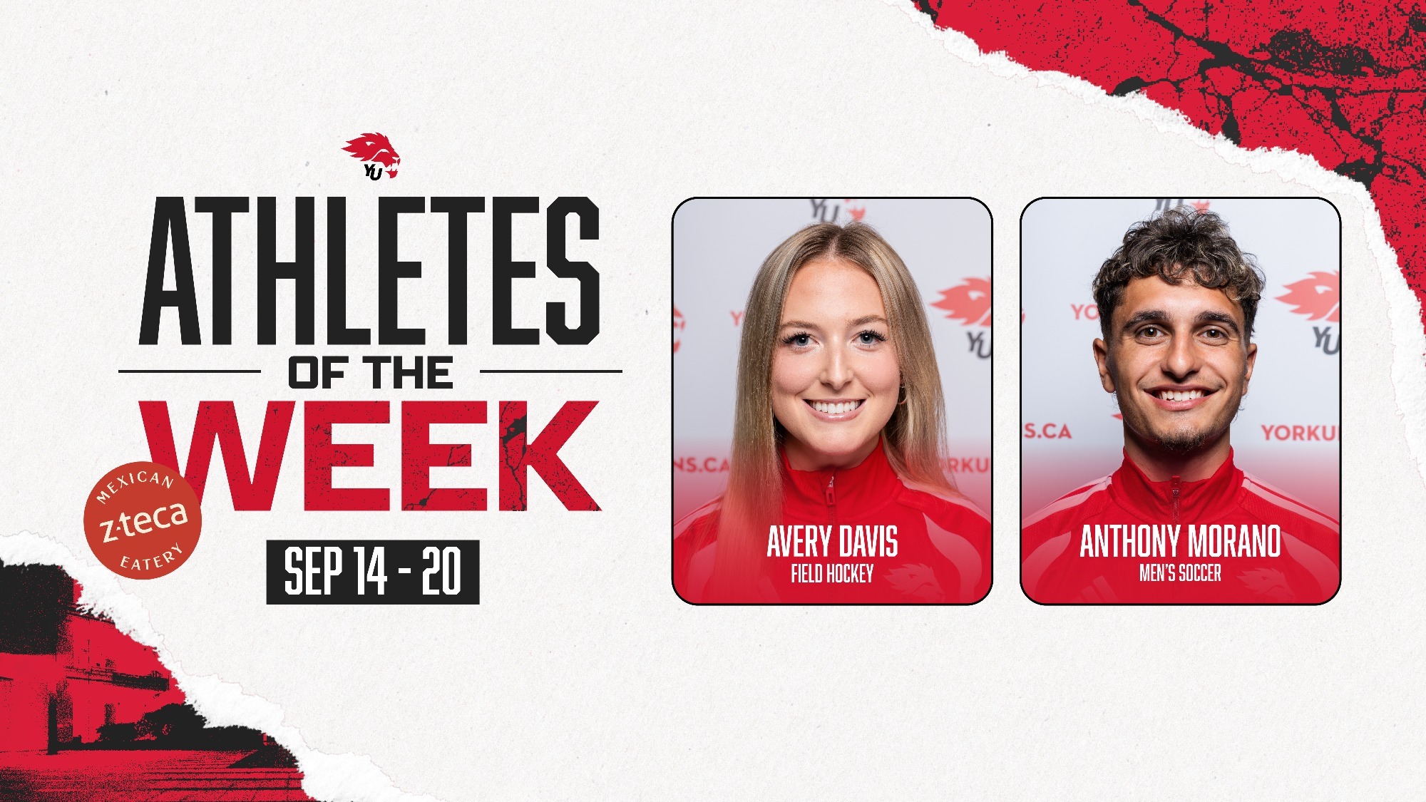York University Lions field hockey player Avery Davis and men's soccer player Avery Davis have been named York athletes of the week for the period ending Sept. 20.