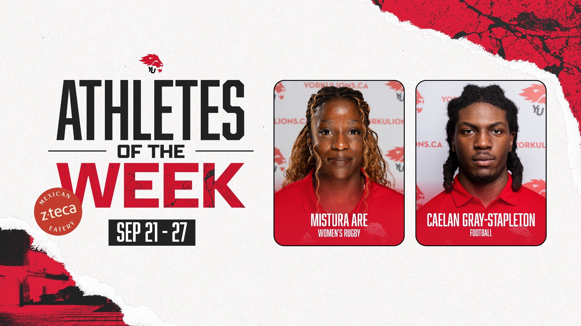 York University Lions women's rugby player Mistura Are and football player Caelan Gray-Stapleton have been named York athletes of the week for the period ending Sept. 27 